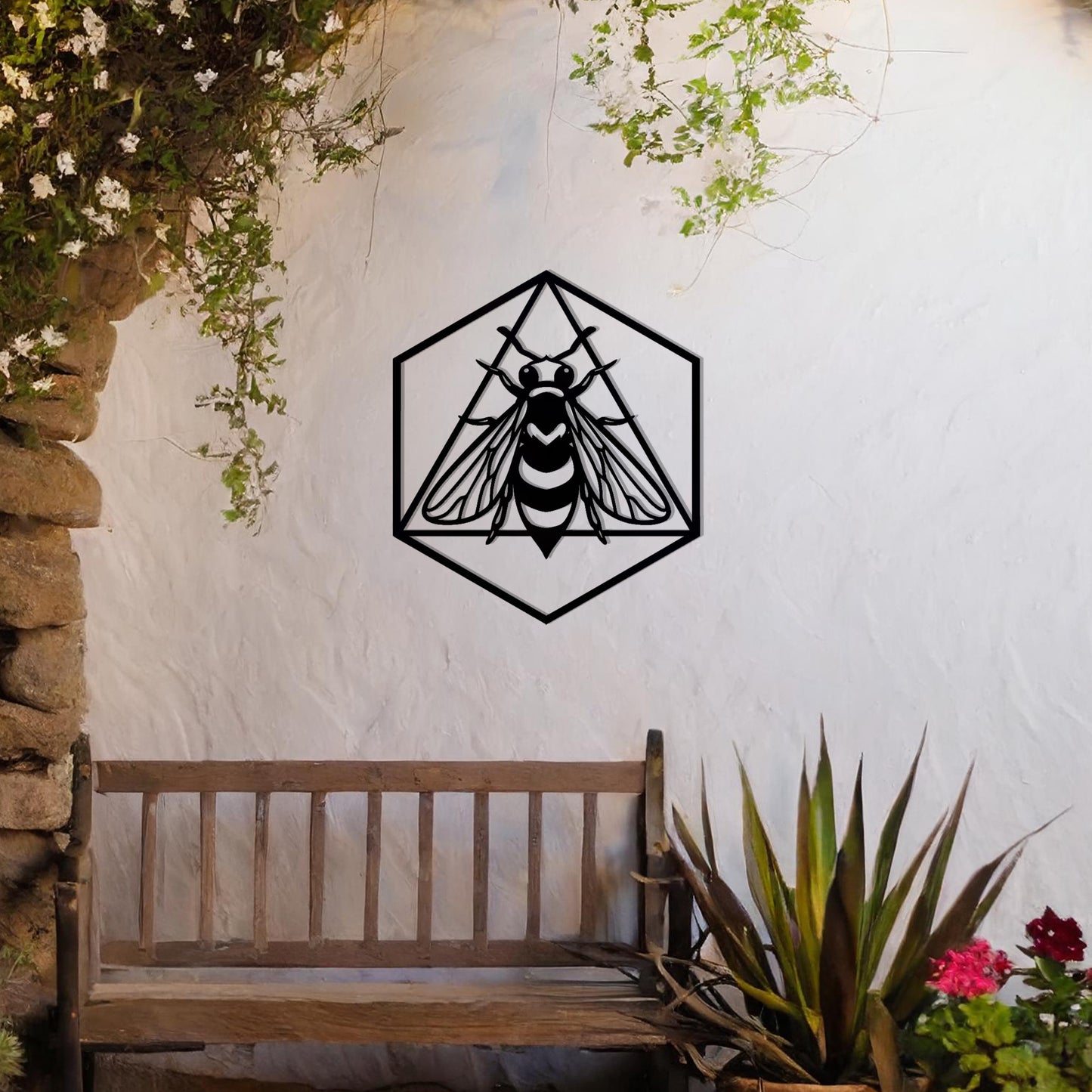 This design features a geometric hexagonal frame encasing a detailed bee motif, symbolising industriousness and nature's harmony. A modern yet naturalistic artwork, perfect for adding a stylish touch to any interior or exterior space.