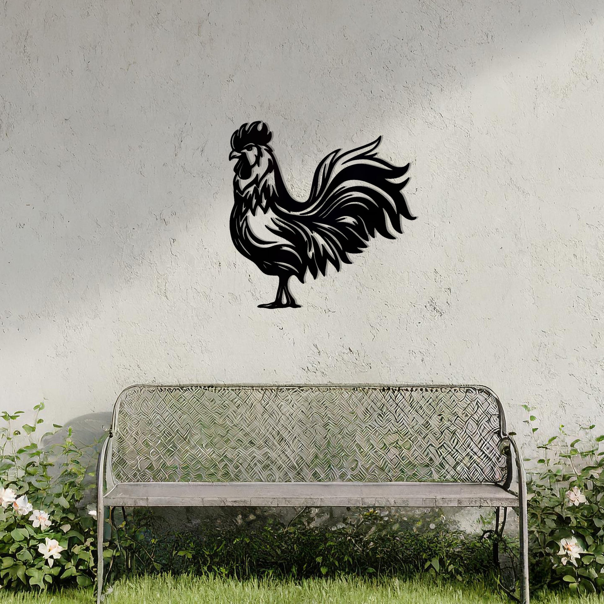 This design showcases a proud rooster standing tall with intricate feather details, capturing the essence of rural charm and elegance. Its bold silhouette and artistic lines make it a striking decor piece for farmhouse or countryside-themed spaces.