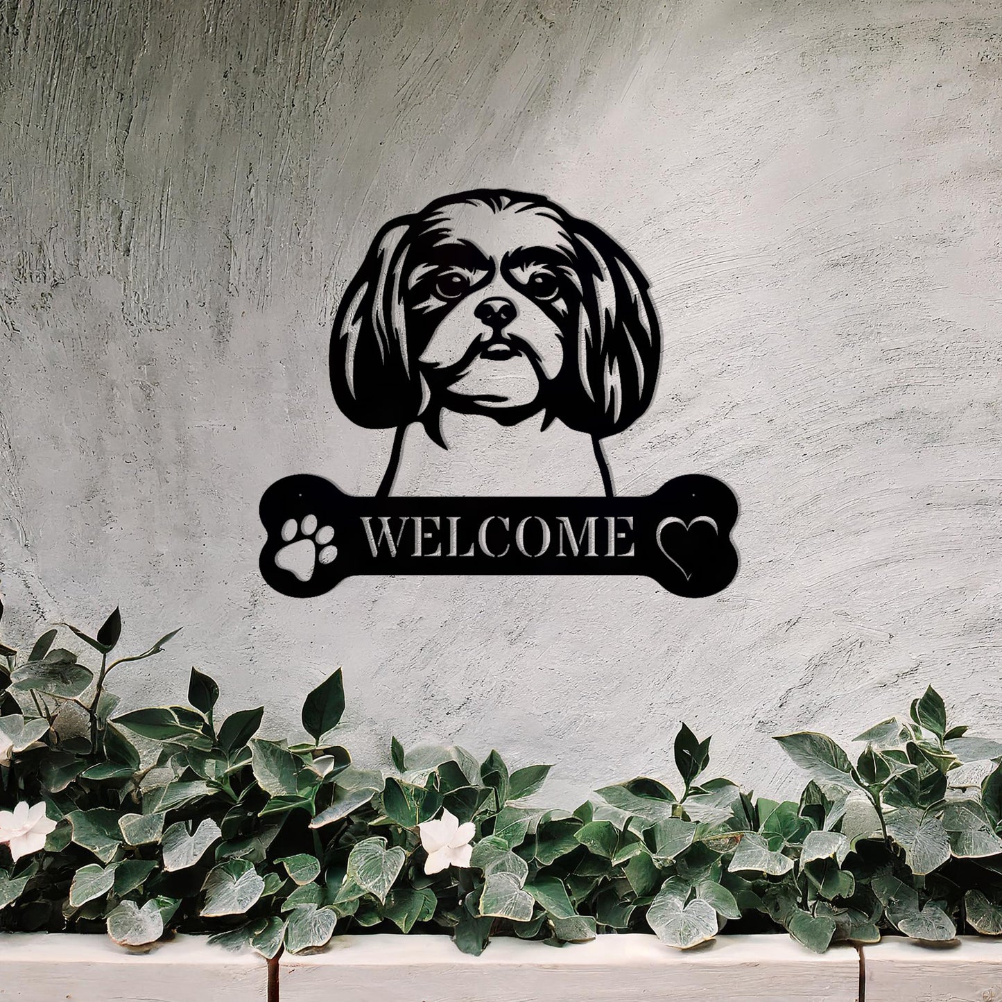 Metal Shih Tzu dog design with a bone-shaped 'WELCOME' text and paw prints, perfect for adding a charming and welcoming touch to entryways or outdoor spaces.