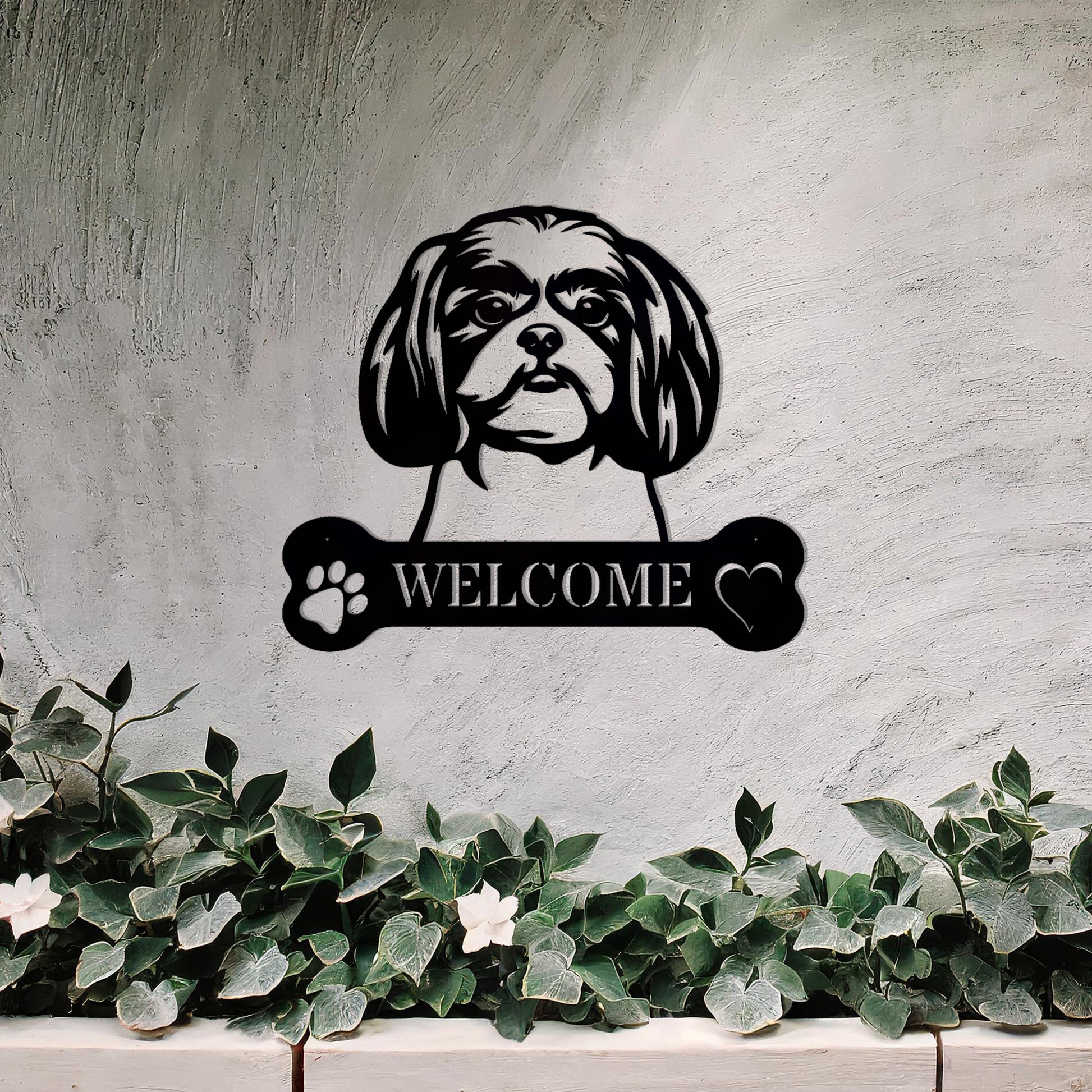Metal Shih Tzu dog design with a bone-shaped 'WELCOME' text and paw prints, perfect for adding a charming and welcoming touch to entryways or outdoor spaces.