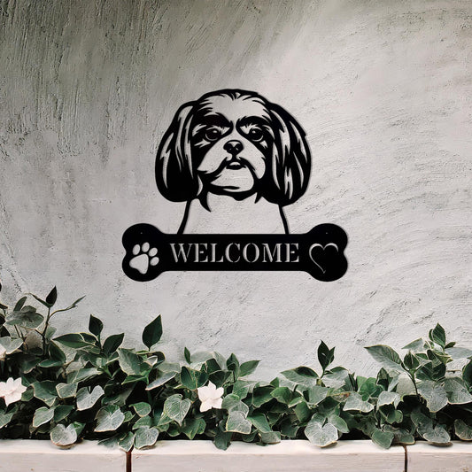 Metal Shih Tzu dog design with a bone-shaped 'WELCOME' text and paw prints, perfect for adding a charming and welcoming touch to entryways or outdoor spaces.