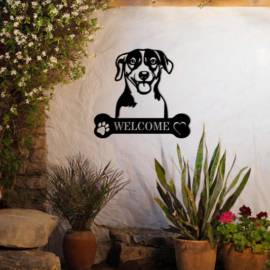 Metal Jack Russell Terrier dog design with a bone-shaped 'WELCOME' text and paw prints, perfect for adding a cheerful, welcoming touch to entryways or outdoor spaces.