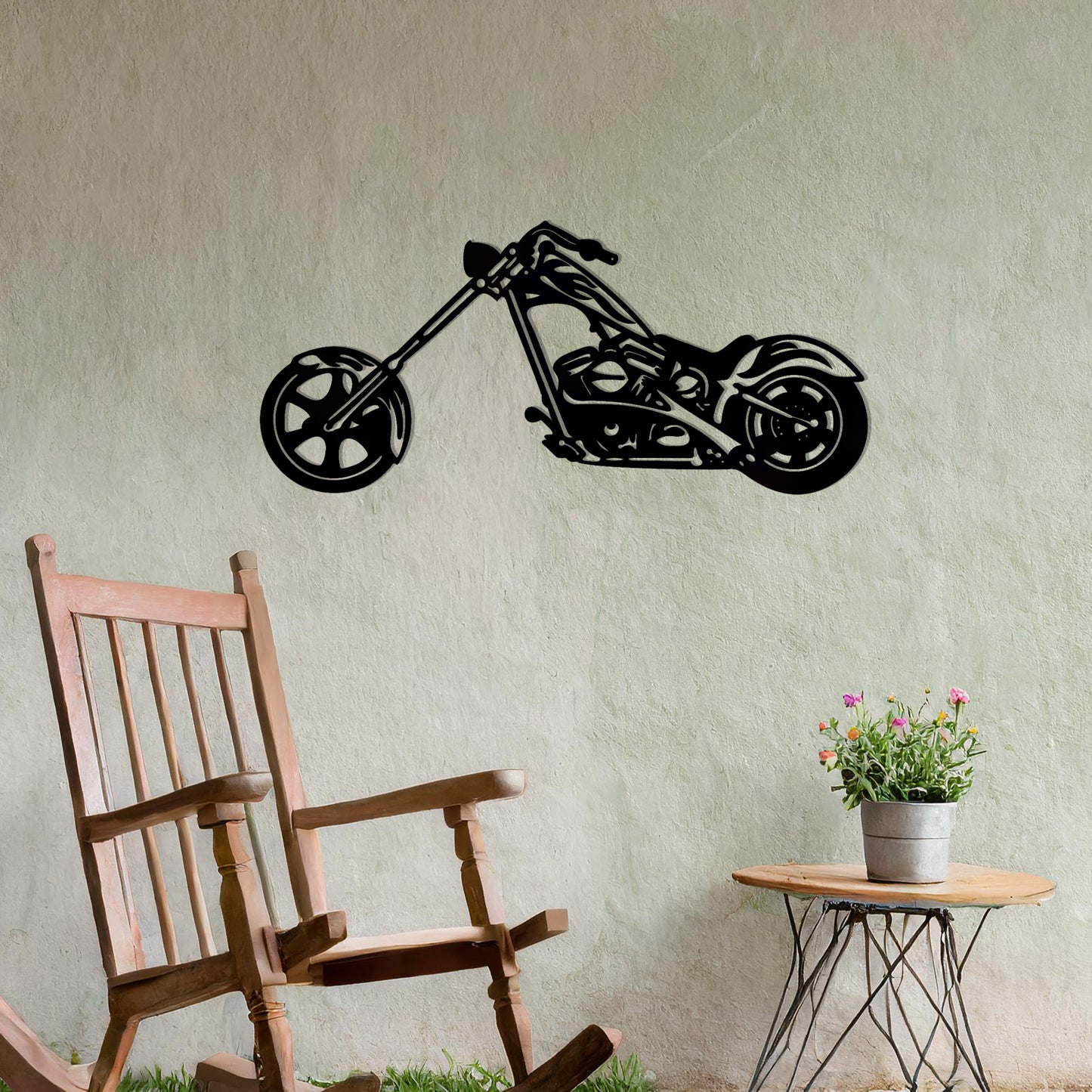 This design features a sleek and detailed silhouette of a chopper motorcycle, highlighting its distinct long handlebars and low frame. A bold and stylish piece of wall art, perfect for motorbike enthusiasts or adding a rugged vibe to any space.