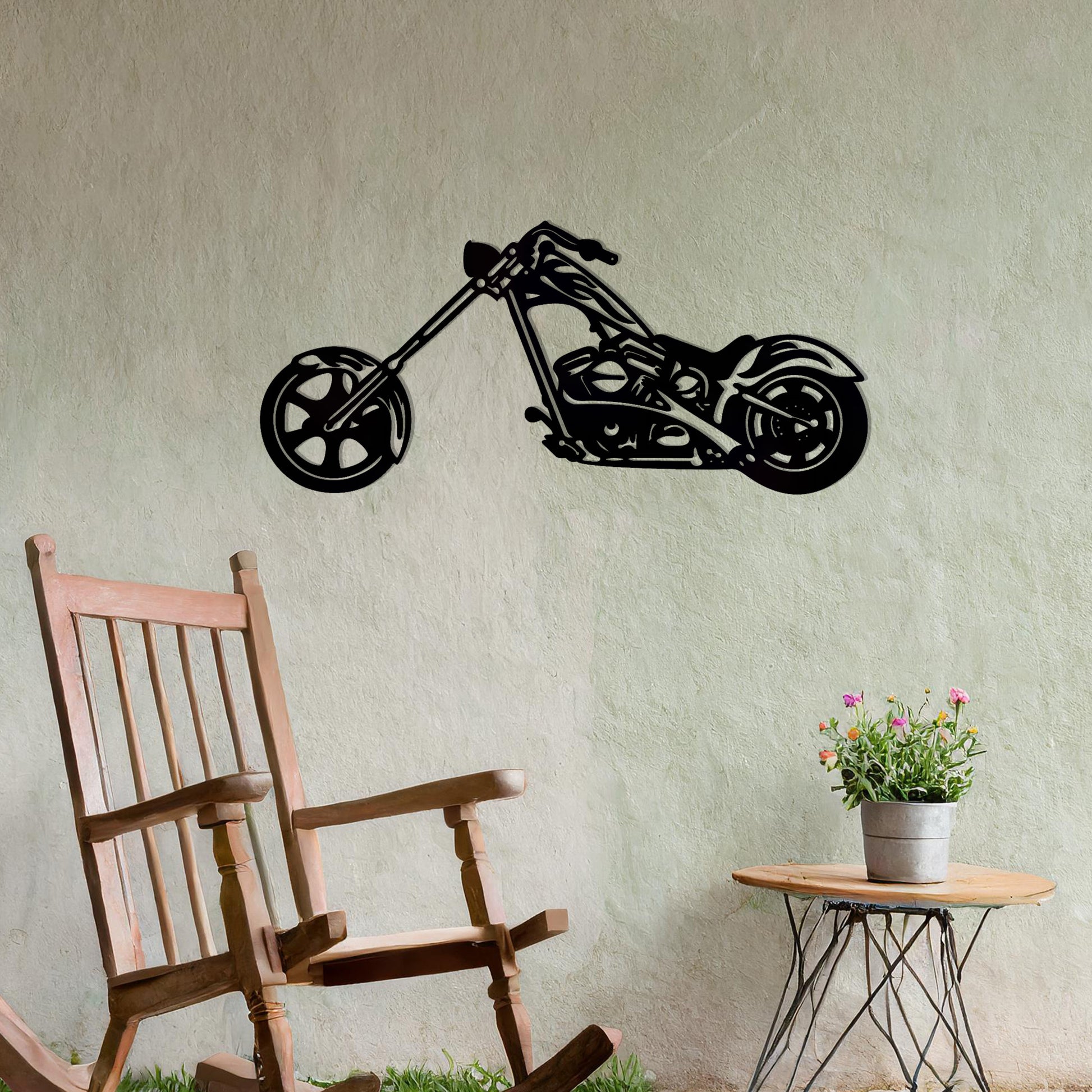 This design features a sleek and detailed silhouette of a chopper motorcycle, highlighting its distinct long handlebars and low frame. A bold and stylish piece of wall art, perfect for motorbike enthusiasts or adding a rugged vibe to any space.