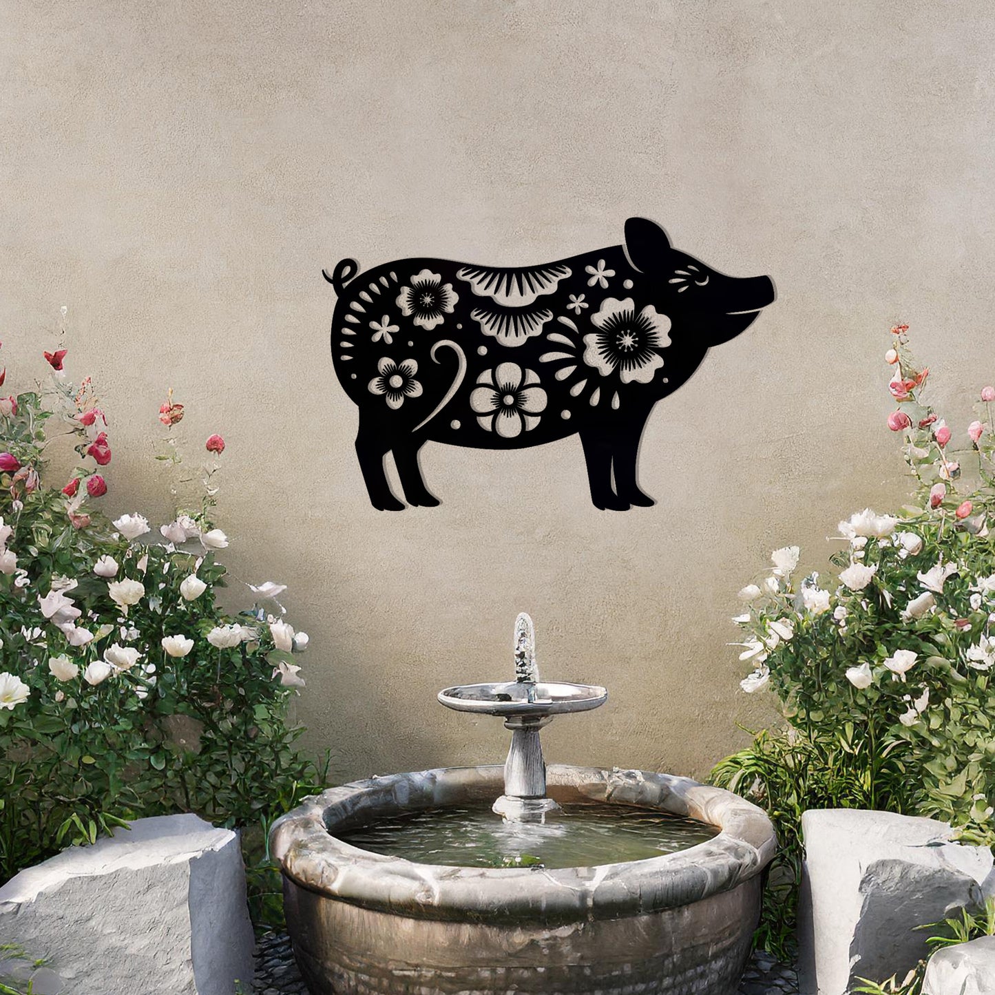 This design features a charming pig silhouette adorned with delicate floral patterns and intricate decorative details. The whimsical style of the artwork makes it a delightful addition to spaces looking for a playful yet artistic element. Perfect for rustic or countryside-inspired settings.