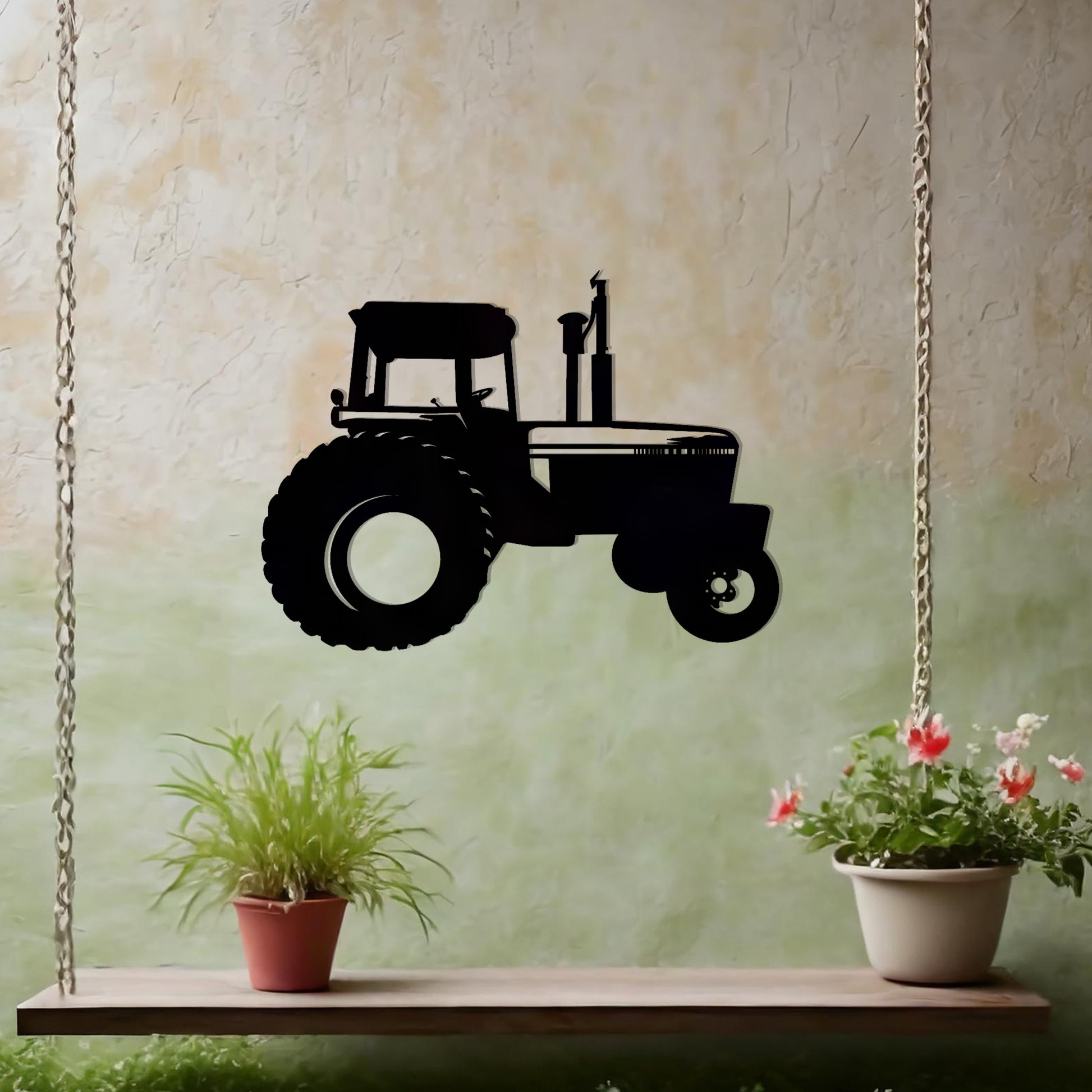 This is a silhouette-style metal wall art design featuring a classic tractor. Perfect for agriculture enthusiasts or as rustic decor for homes or gardens, it adds a touch of countryside charm to any setting.