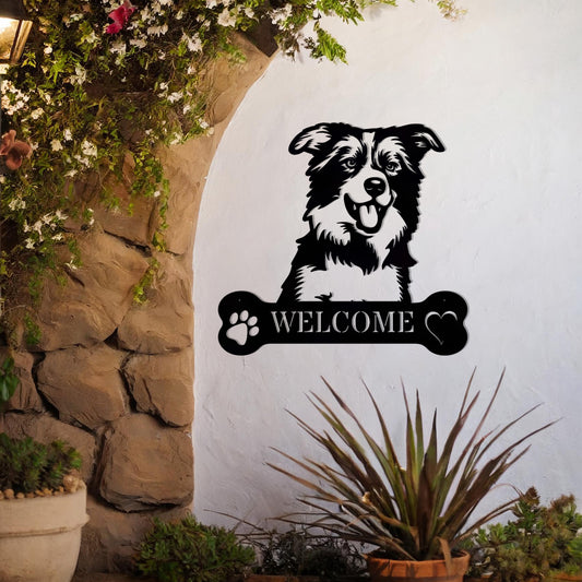 Metal Border Collie dog design with a bone-shaped 'WELCOME' text and paw prints, perfect for adding a friendly and welcoming touch to entryways or outdoor spaces.