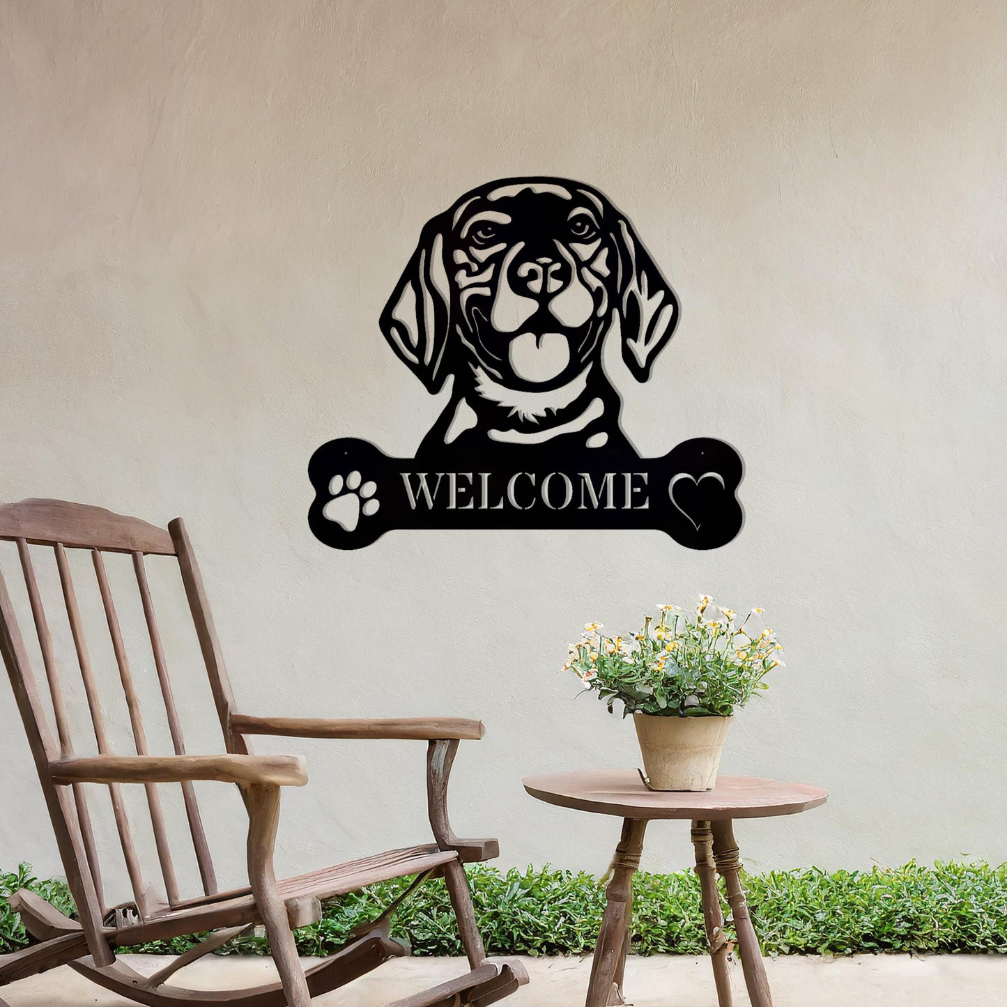 Metal Beagle dog design with a bone-shaped 'WELCOME' text and paw prints, perfect for adding a friendly and welcoming touch to entryways or outdoor spaces.