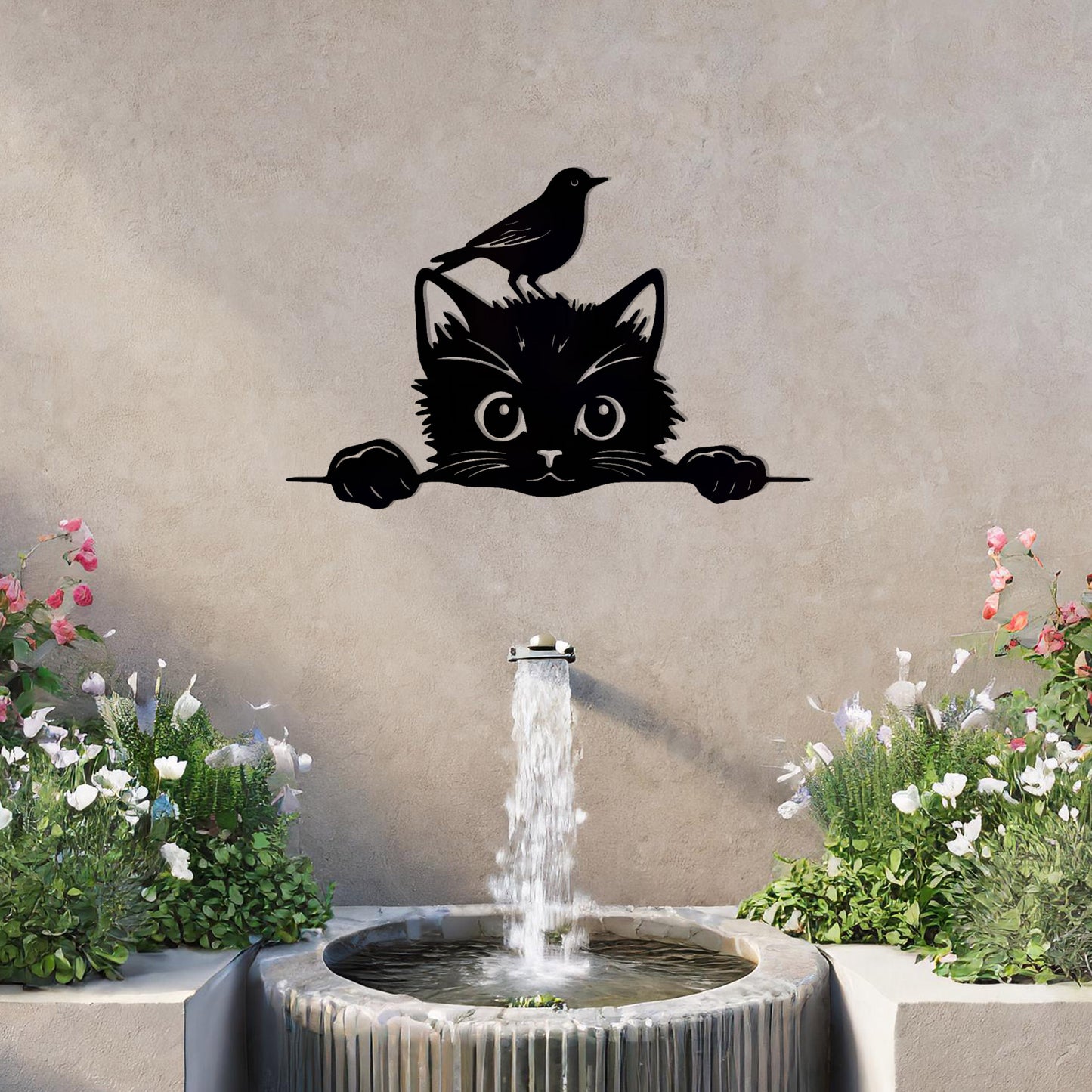 This is a charming and playful metal wall art design featuring a curious cat peeking over a fence, with a bird sitting atop its head. It brings a whimsical and fun element to any space, perfect for animal lovers and nature-themed decor.