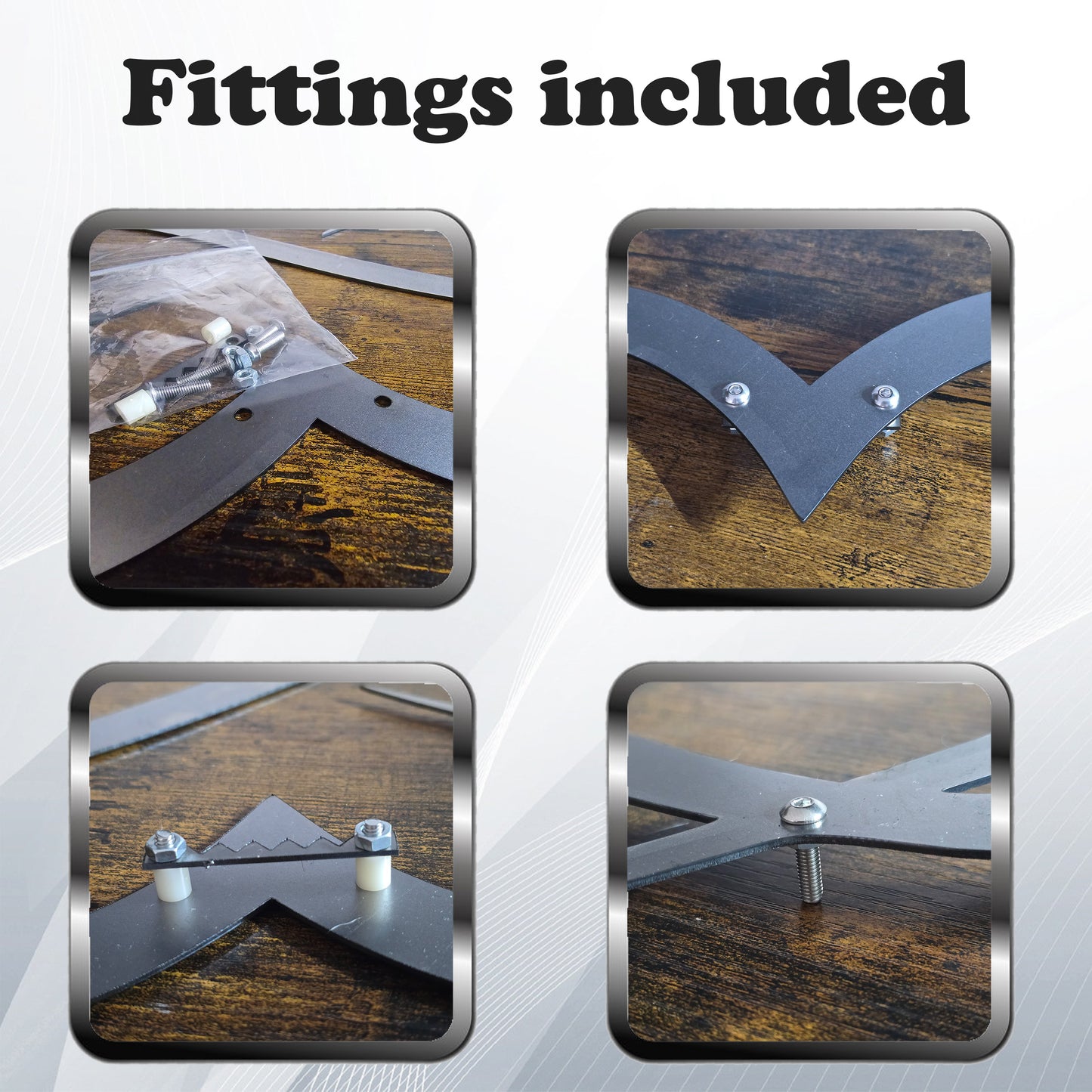 Metal art fittings. Each art has pre drilled holes for bolts and nuts. Fittings and installation guide are included