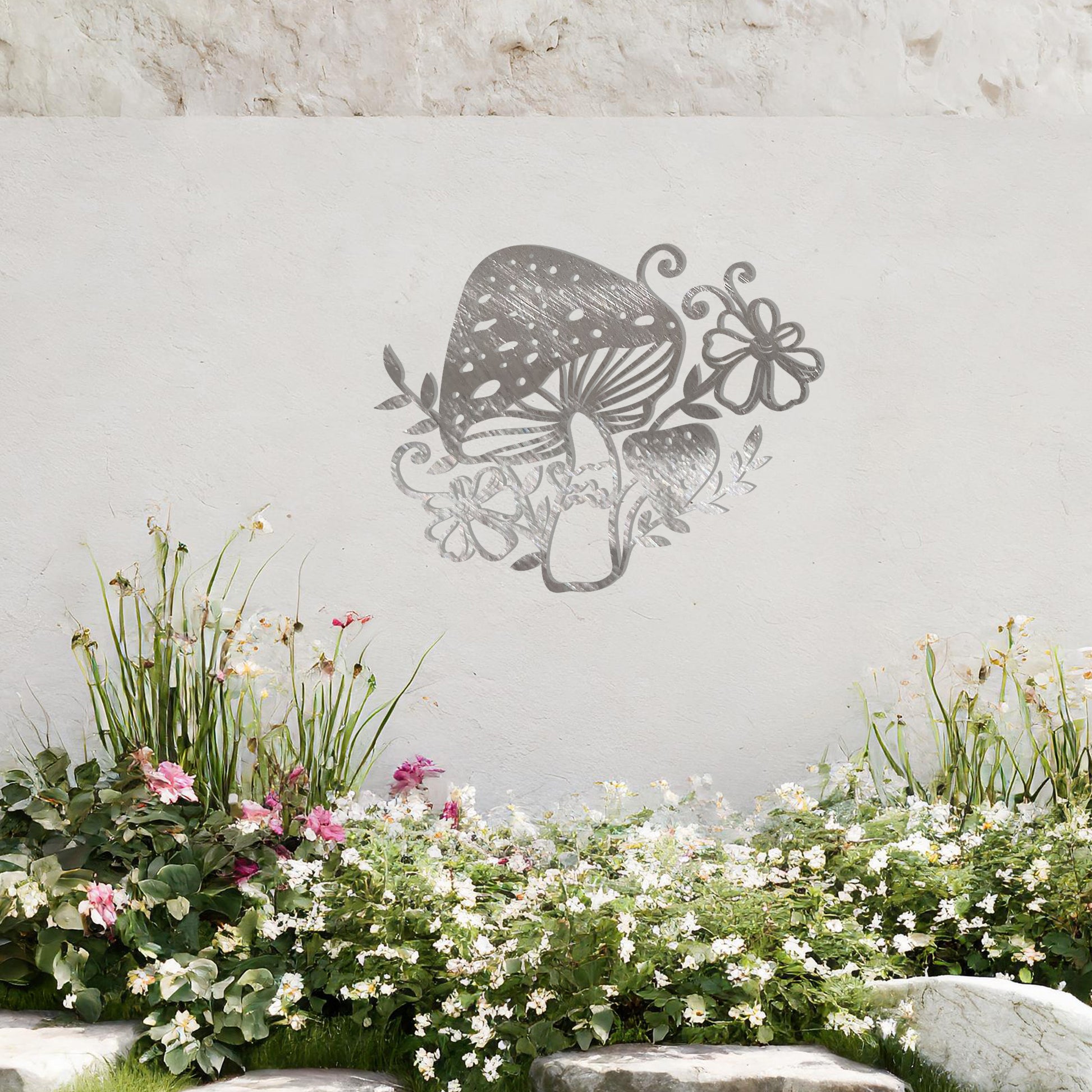 Metal garden decoration featuring a whimsical mushroom design surrounded by floral and leafy accents, intricately crafted to bring a touch of nature-inspired charm and artistry to outdoor spaces