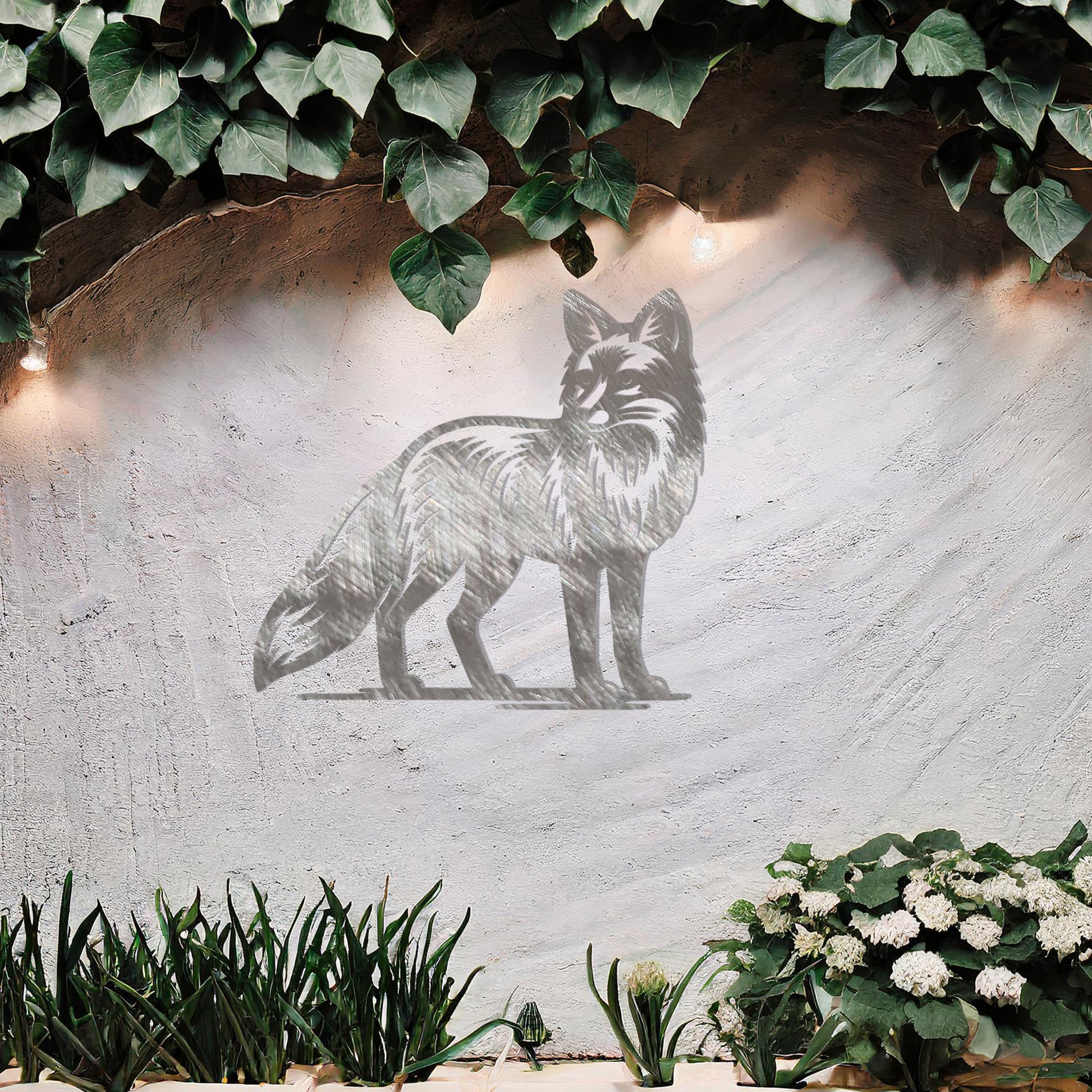Metal wall decoration featuring a fox design with detailed fur patterns, adding a sleek and elegant touch to outdoor or indoor spaces, displayed against a neutral background to enhance its artistic appeal.