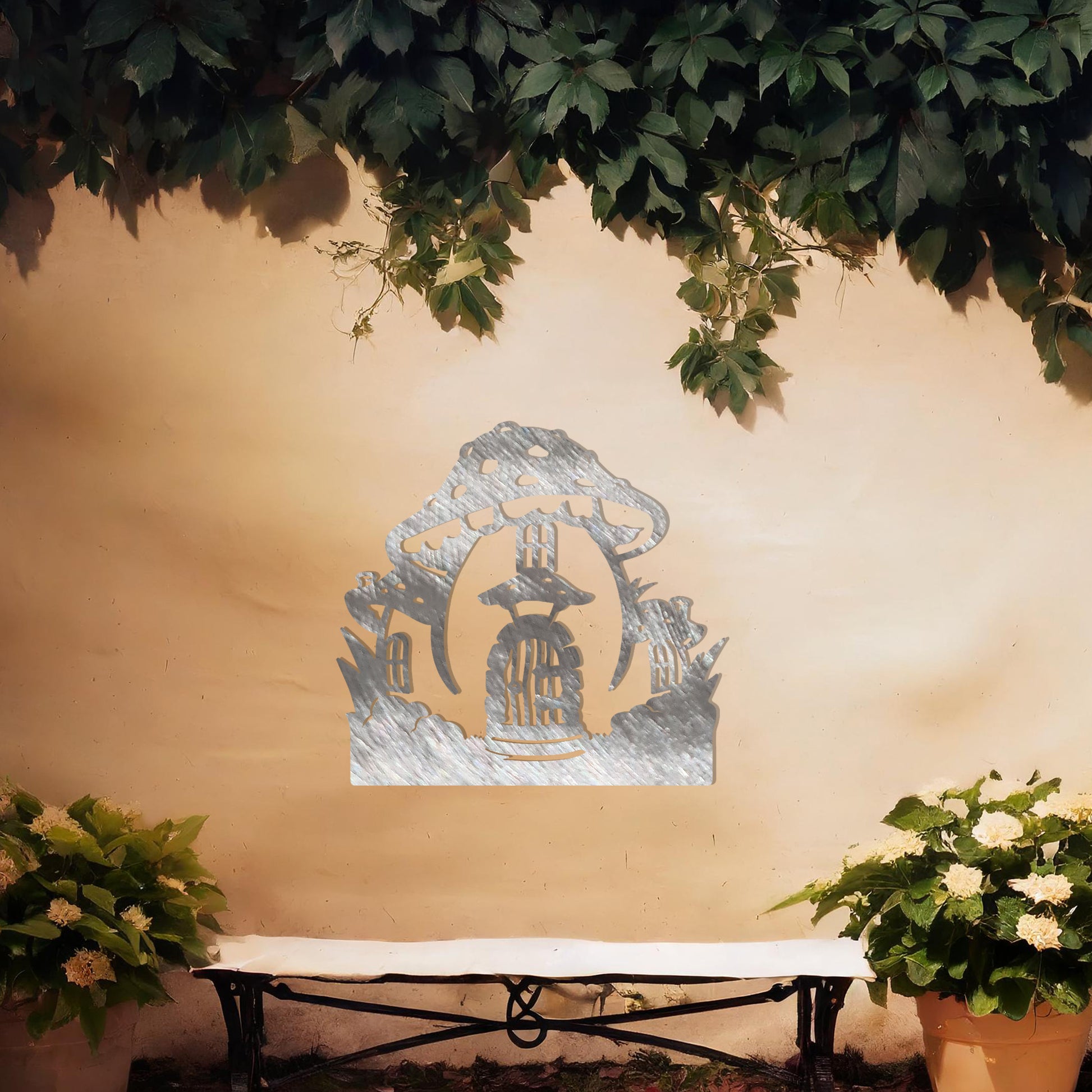 Metal garden decoration featuring a whimsical mushroom house design with intricate windows, a detailed door, and playful accents, adding a touch of fairy-tale charm and creativity to outdoor spaces.