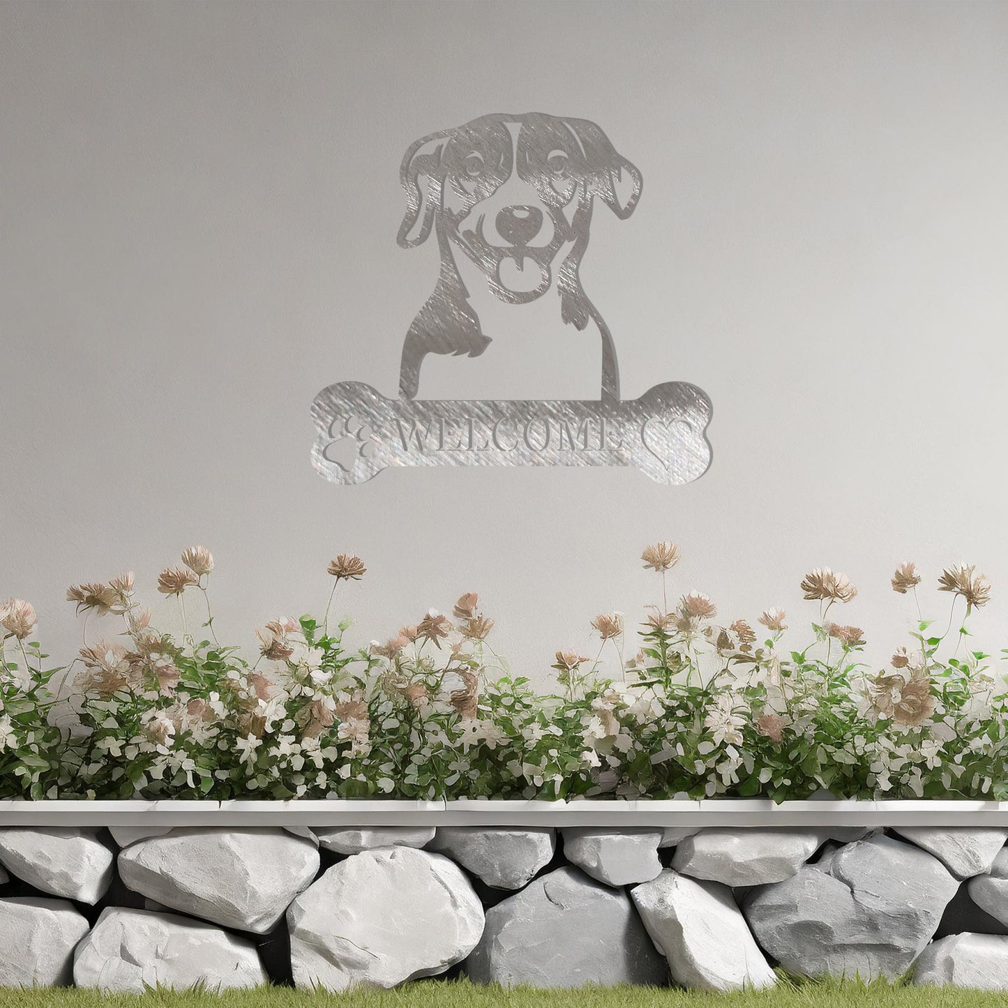 Metal Jack Russell Terrier dog design with a bone-shaped 'WELCOME' text and paw prints, perfect for adding a cheerful, welcoming touch to entryways or outdoor spaces.