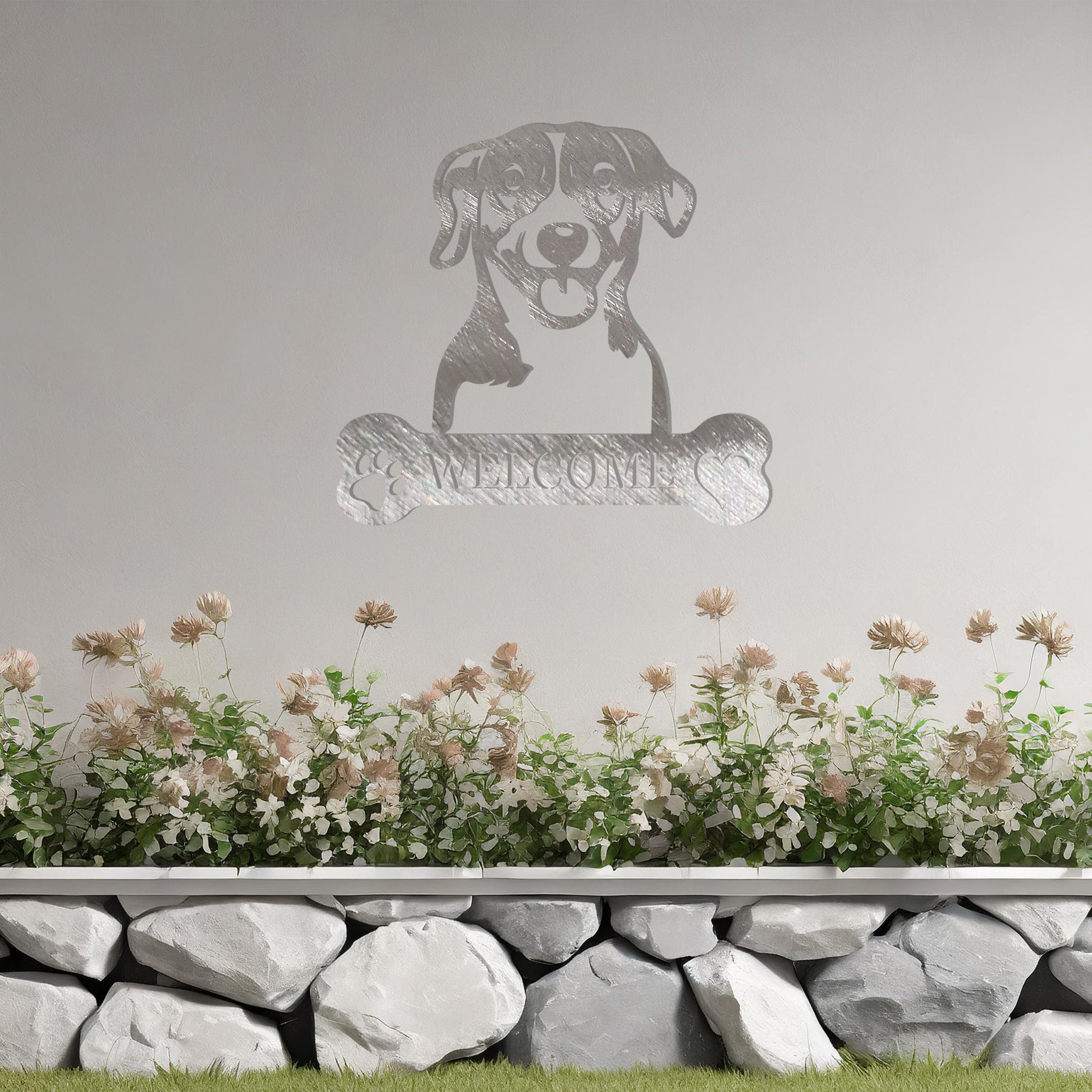 Metal Jack Russell Terrier dog design with a bone-shaped 'WELCOME' text and paw prints, perfect for adding a cheerful, welcoming touch to entryways or outdoor spaces.