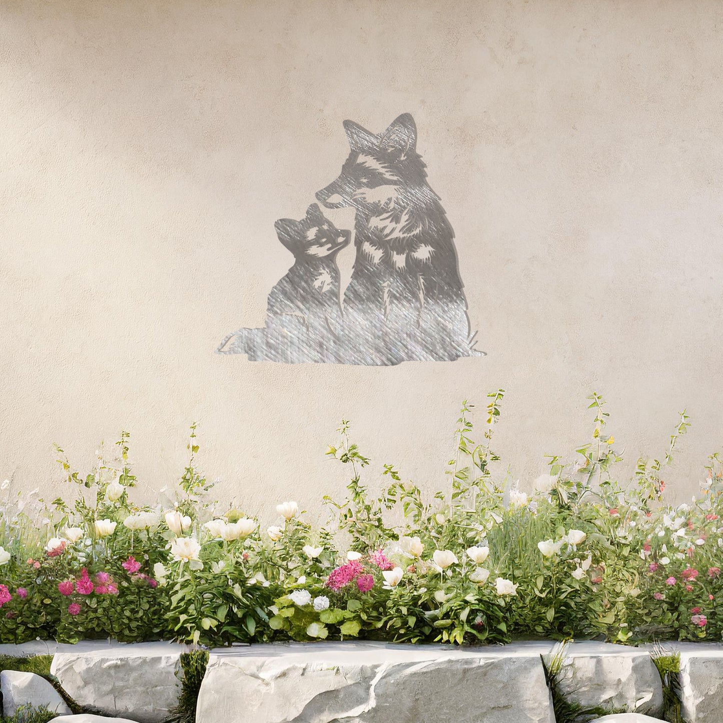 This design features a heartwarming depiction of a parent fox and its cub sharing an intimate moment. The intricate detailing captures the tender connection between them, making it a charming and expressive addition to any space.