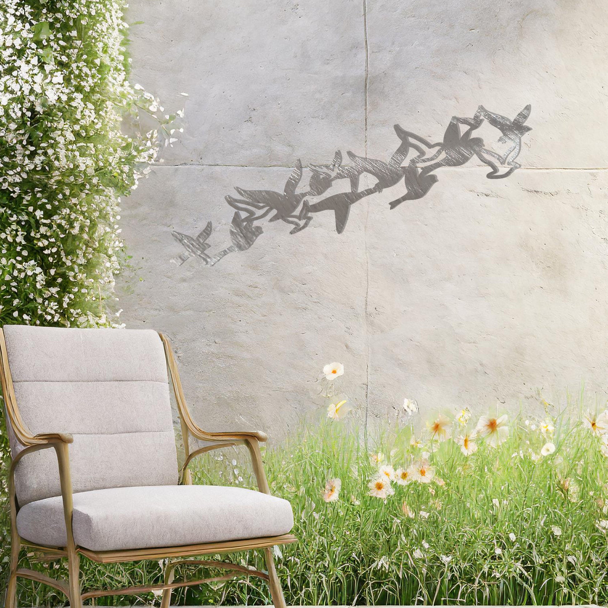 This design features a flock of birds in graceful flight, arranged dynamically to create a sense of motion and freedom. The minimalist silhouette adds an elegant touch, perfect for enhancing any wall space with a nature-inspired aesthetic.