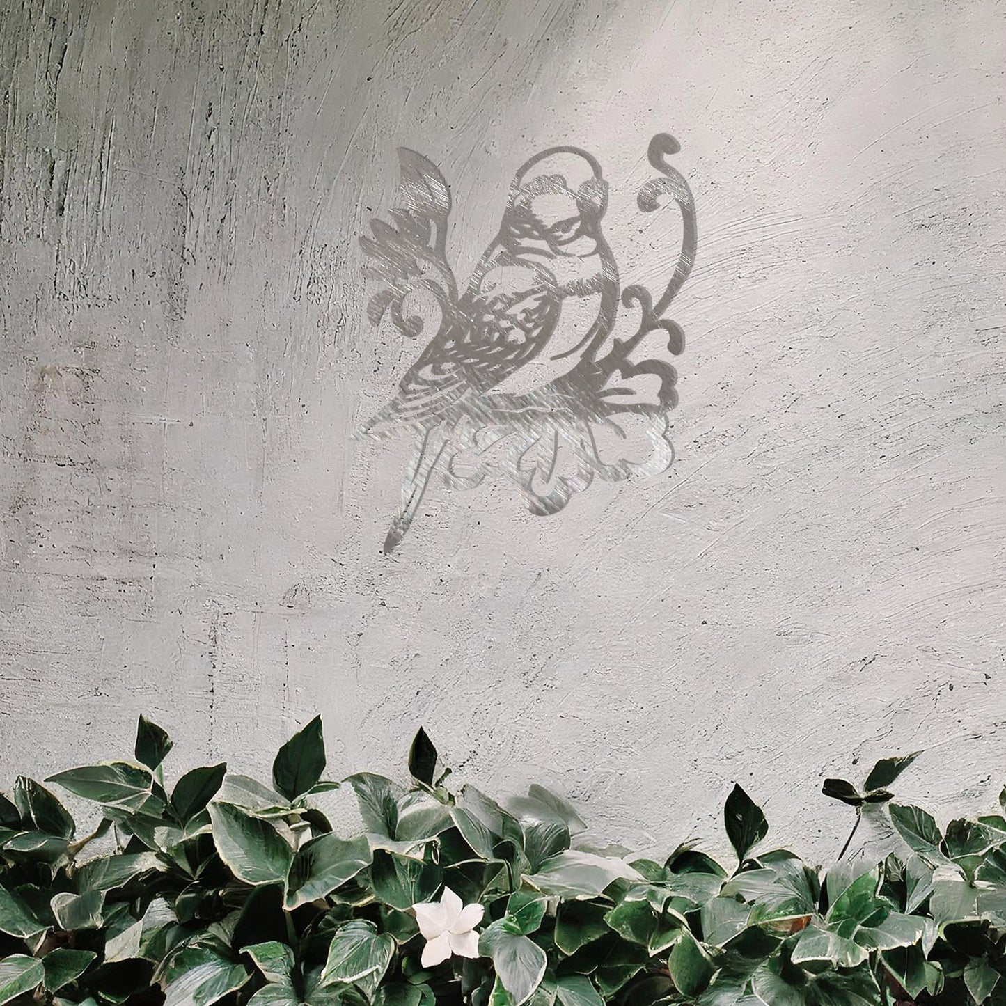 This image features a beautifully designed parrot perched on a floral motif. The bird's detailed feathers and the intricate floral elements create a graceful, organic feel. This would make an elegant and peaceful addition to any space.