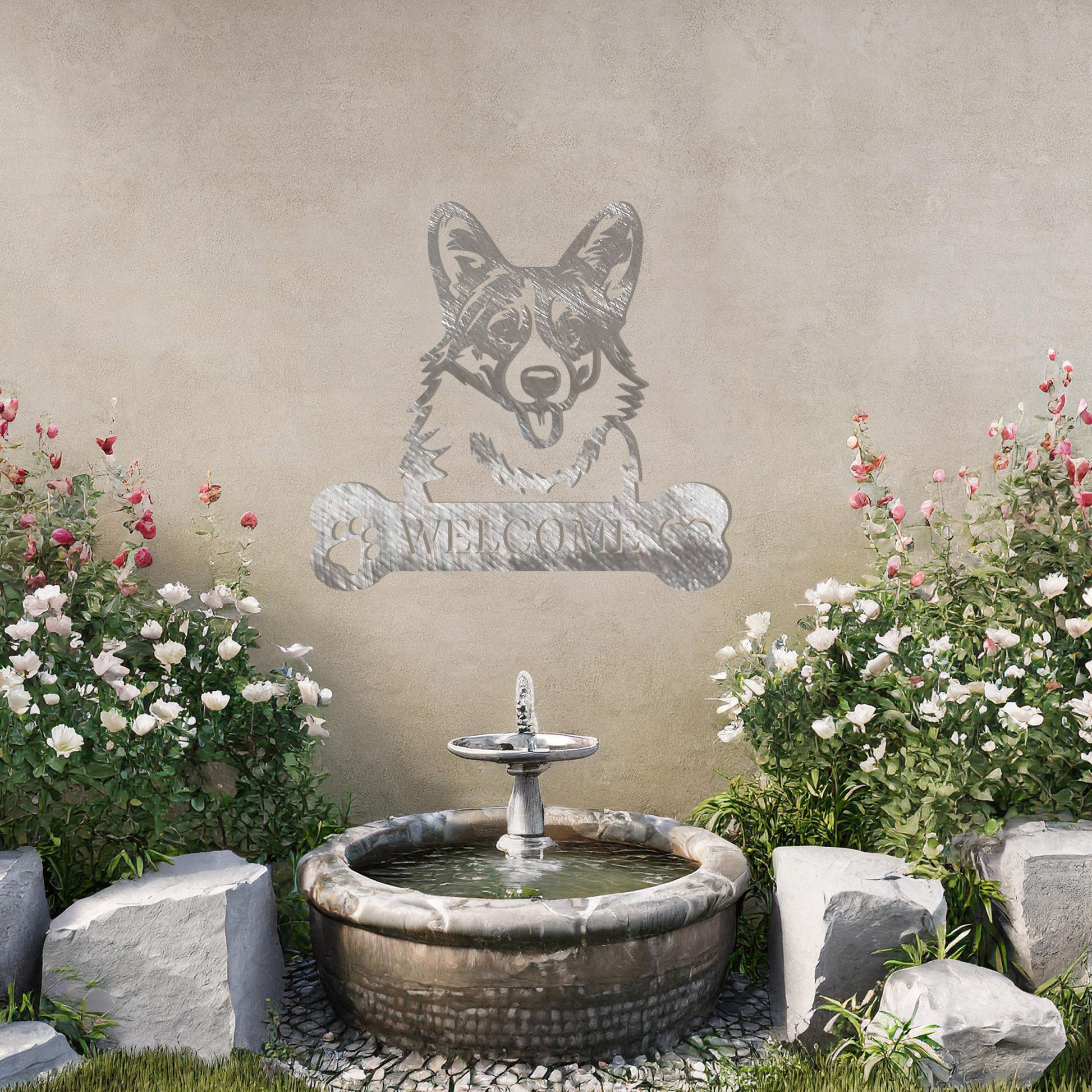 Metal Pembroke Welsh Corgi dog design with a bone-shaped 'WELCOME' text and paw prints, perfect for adding a charming and welcoming touch to entryways or outdoor spaces.