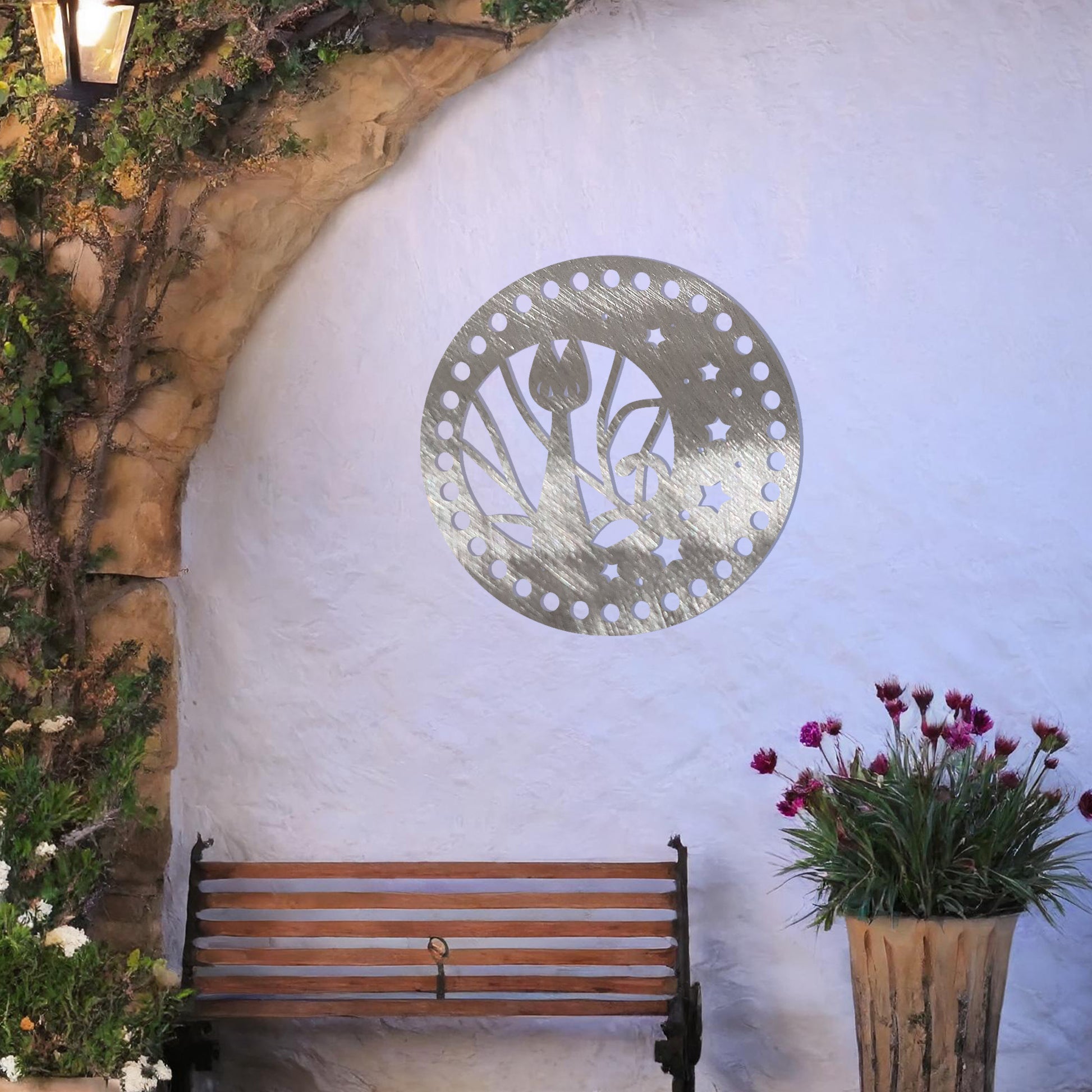 This artwork showcases a circular design featuring a sleek cat silhouette surrounded by stars and curved elements, giving a celestial and whimsical touch. The detailed frame adds a decorative flair, making it perfect for enhancing any wall space.