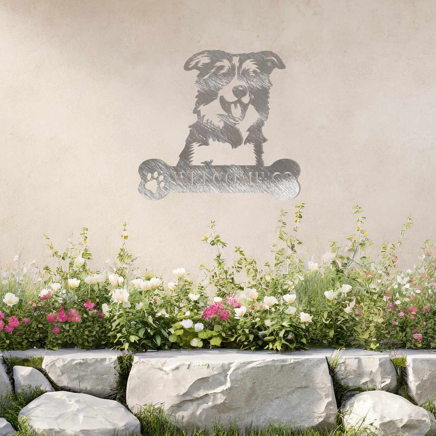 Metal Border Collie dog design with a bone-shaped 'WELCOME' text and paw prints, perfect for adding a friendly and welcoming touch to entryways or outdoor spaces.