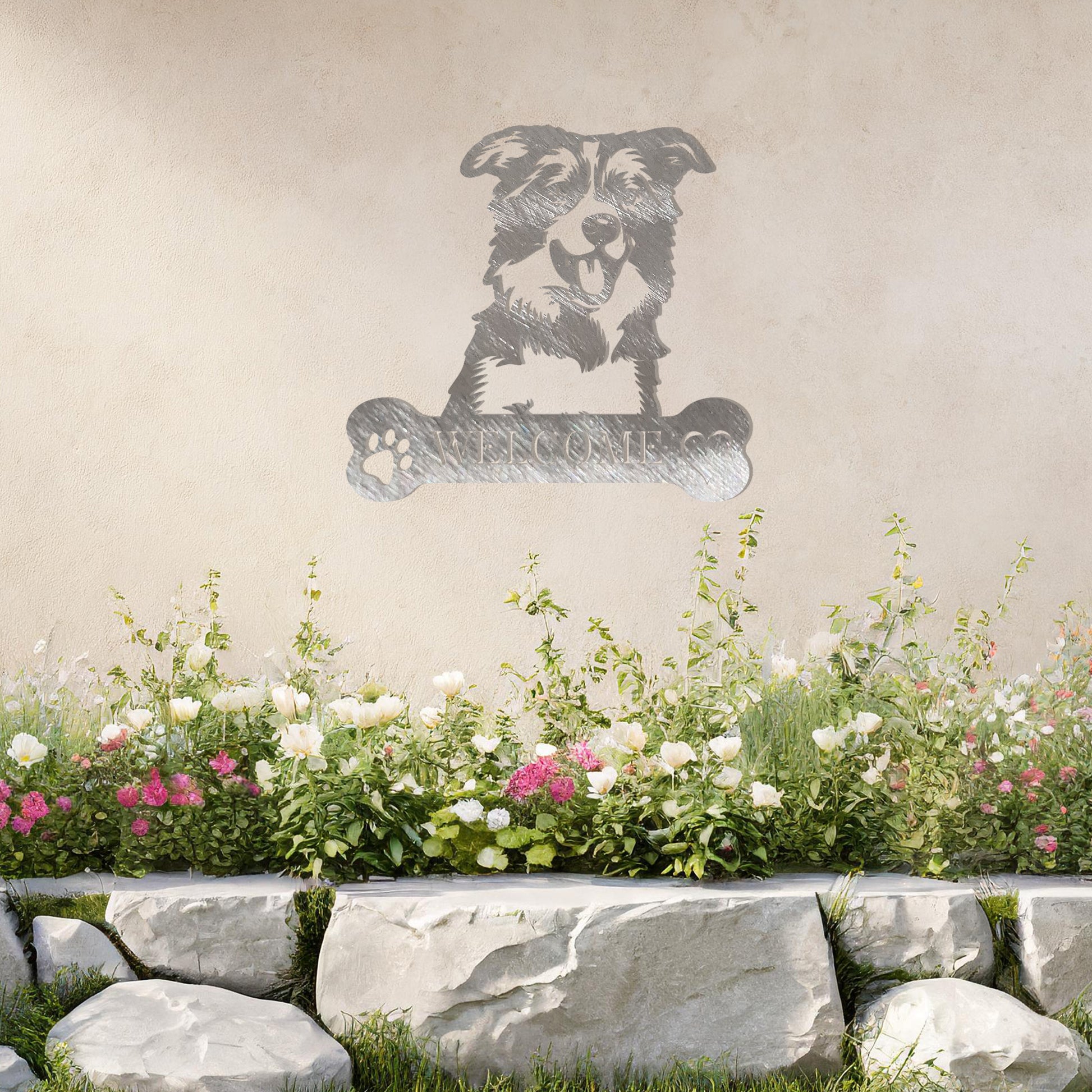 Metal Border Collie dog design with a bone-shaped 'WELCOME' text and paw prints, perfect for adding a friendly and welcoming touch to entryways or outdoor spaces.