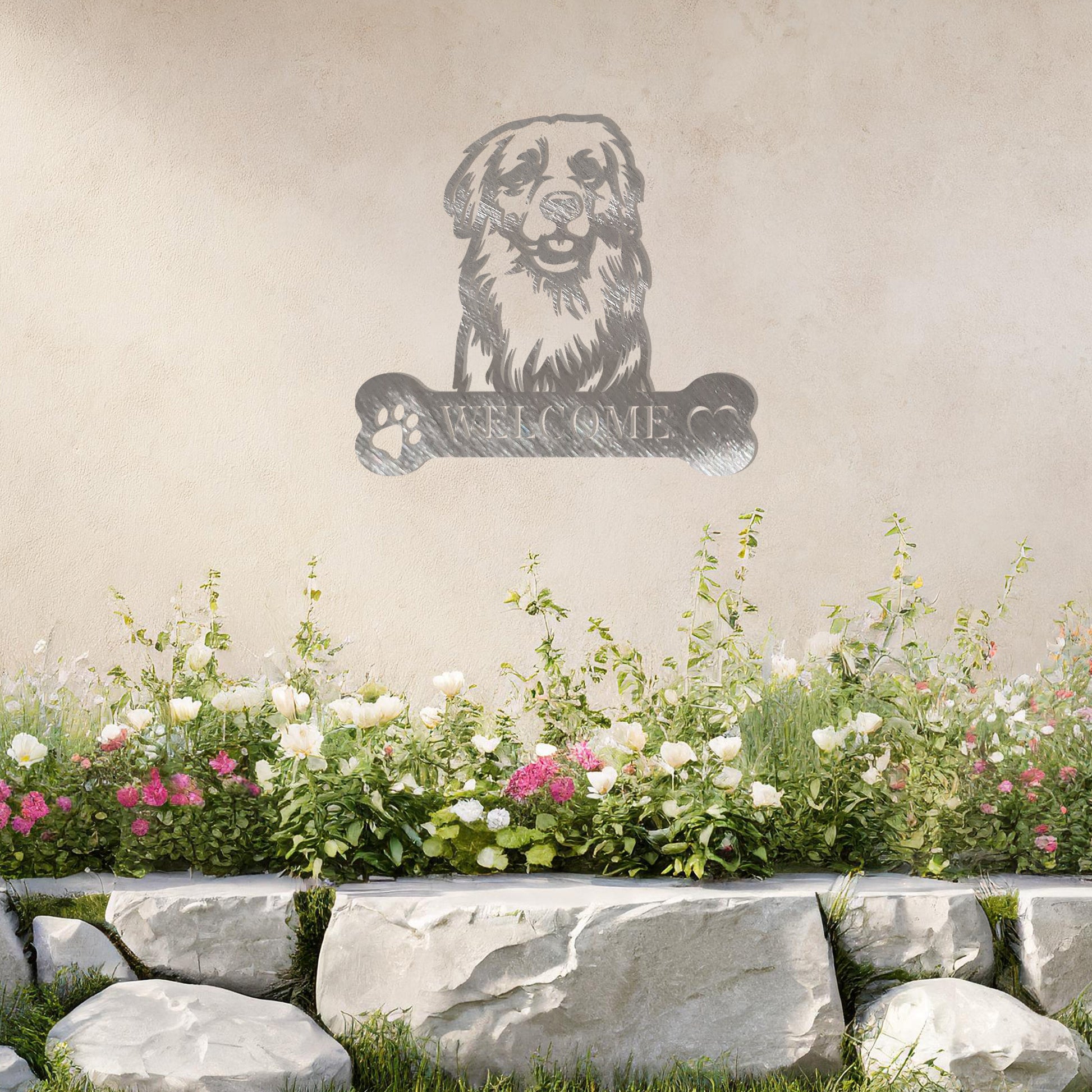 Metal Golden Retriever dog design with a bone-shaped 'WELCOME' text and paw prints, perfect for adding a friendly and welcoming touch to entryways or outdoor spaces.