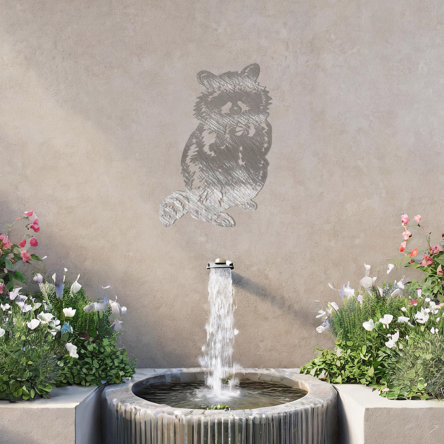 A metal wall art piece featuring a detailed raccoon design, evoking charm and playfulness. This adorable artwork adds a whimsical touch to modern or rustic settings, harmonising beautifully with natural decor elements.