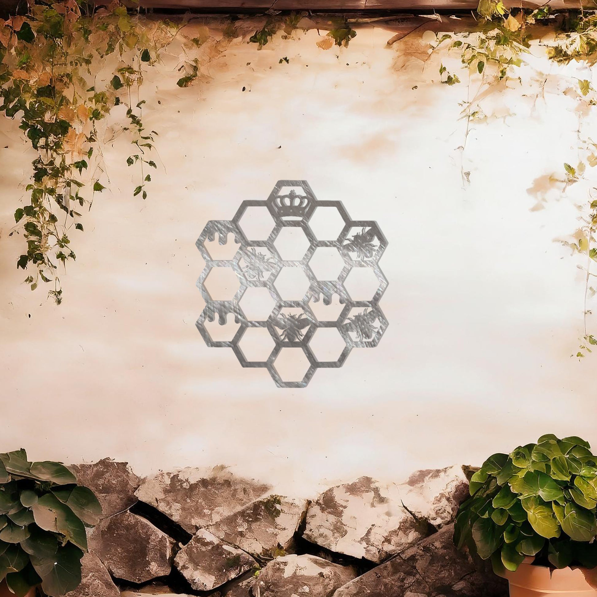 This design showcases a geometric honeycomb pattern with detailed depictions of bees and crowns within the hexagonal cells. The intricate arrangement symbolises the industrious and regal nature of bees, making it a stunning and meaningful decor piece.