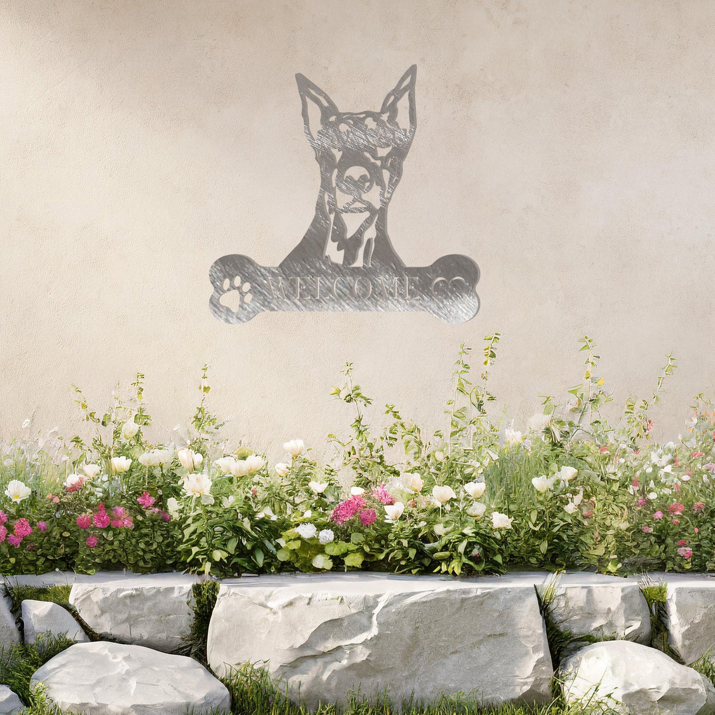 Metal Doberman dog design with a bone-shaped 'WELCOME' text and paw prints, perfect for adding a strong and welcoming touch to entryways or outdoor spaces.