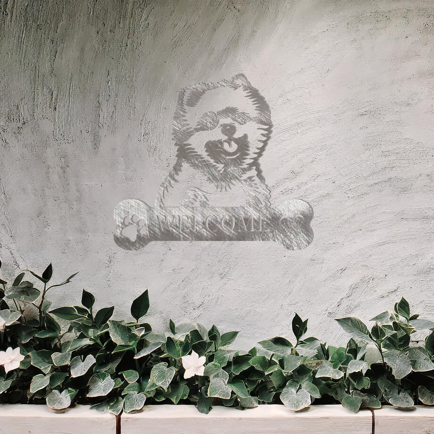 Metal Pomeranian dog design with a bone-shaped 'WELCOME' text and paw prints, perfect for adding a friendly and welcoming touch to entryways or outdoor spaces.