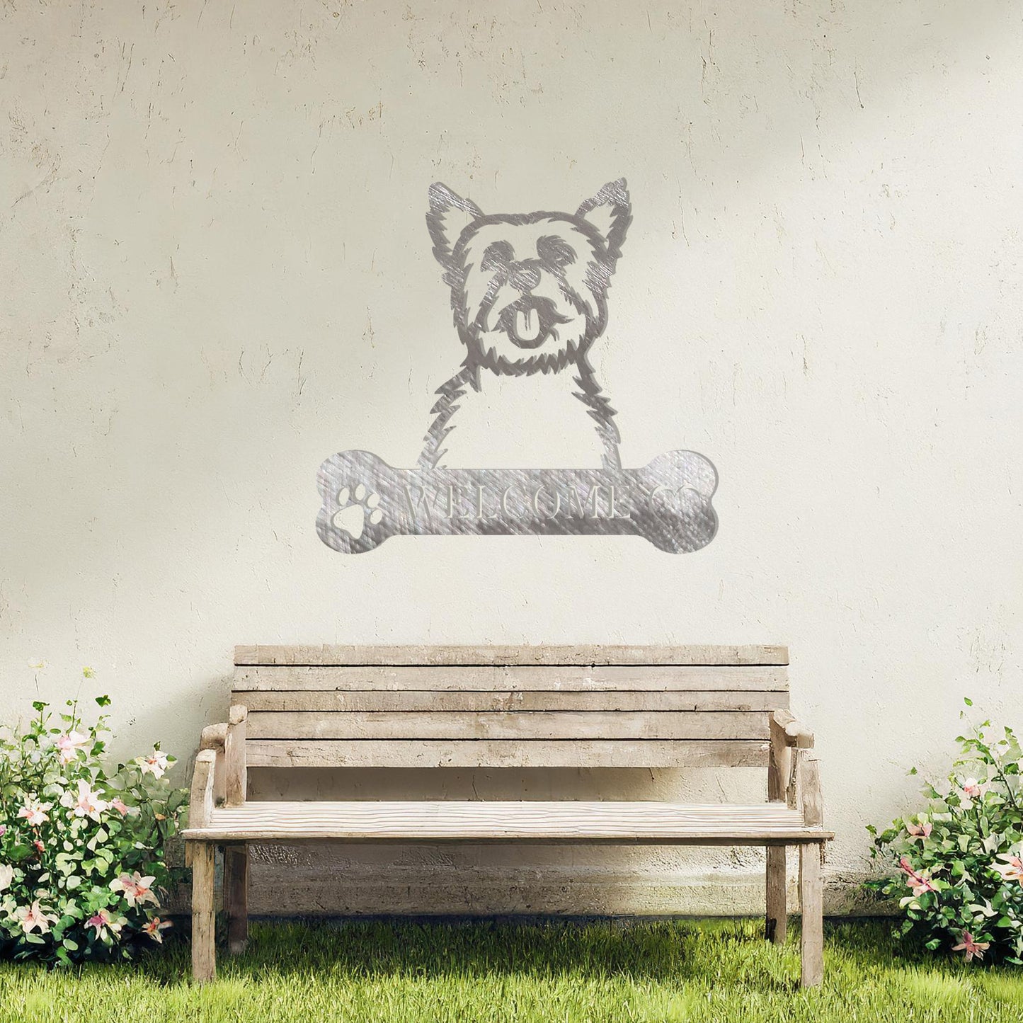 Metal Yorkshire Terrier dog design with a bone-shaped 'WELCOME' text and paw prints, perfect for adding a cheerful and welcoming touch to entryways or outdoor spaces.