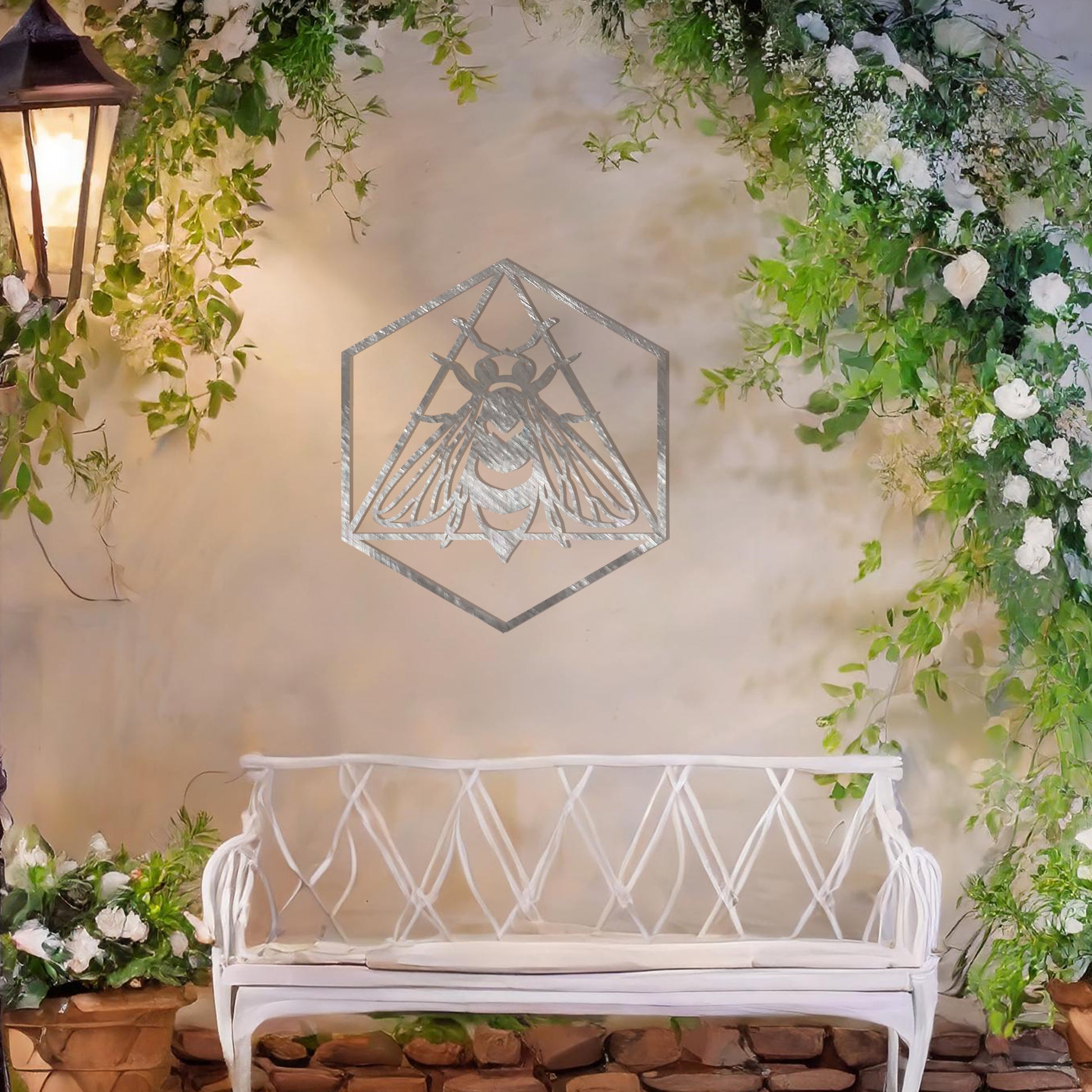This design features a geometric hexagonal frame encasing a detailed bee motif, symbolising industriousness and nature's harmony. A modern yet naturalistic artwork, perfect for adding a stylish touch to any interior or exterior space.