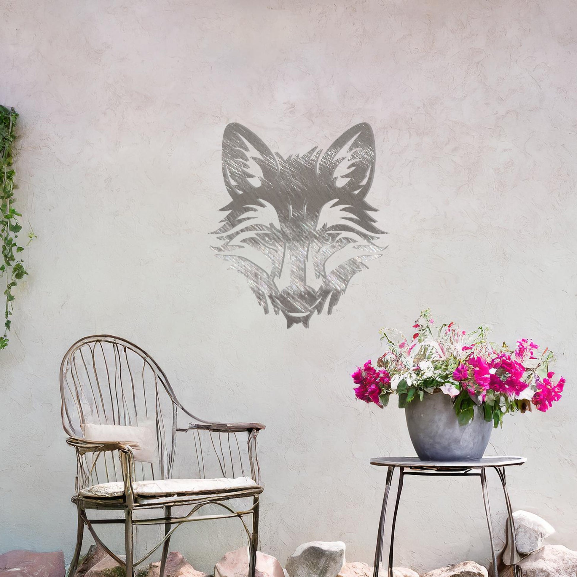 A captivating metal wall art design of a fox's face, intricately crafted with sharp lines and elegant details, representing grace and cunning. Ideal for enhancing interiors with a touch of the wild.
