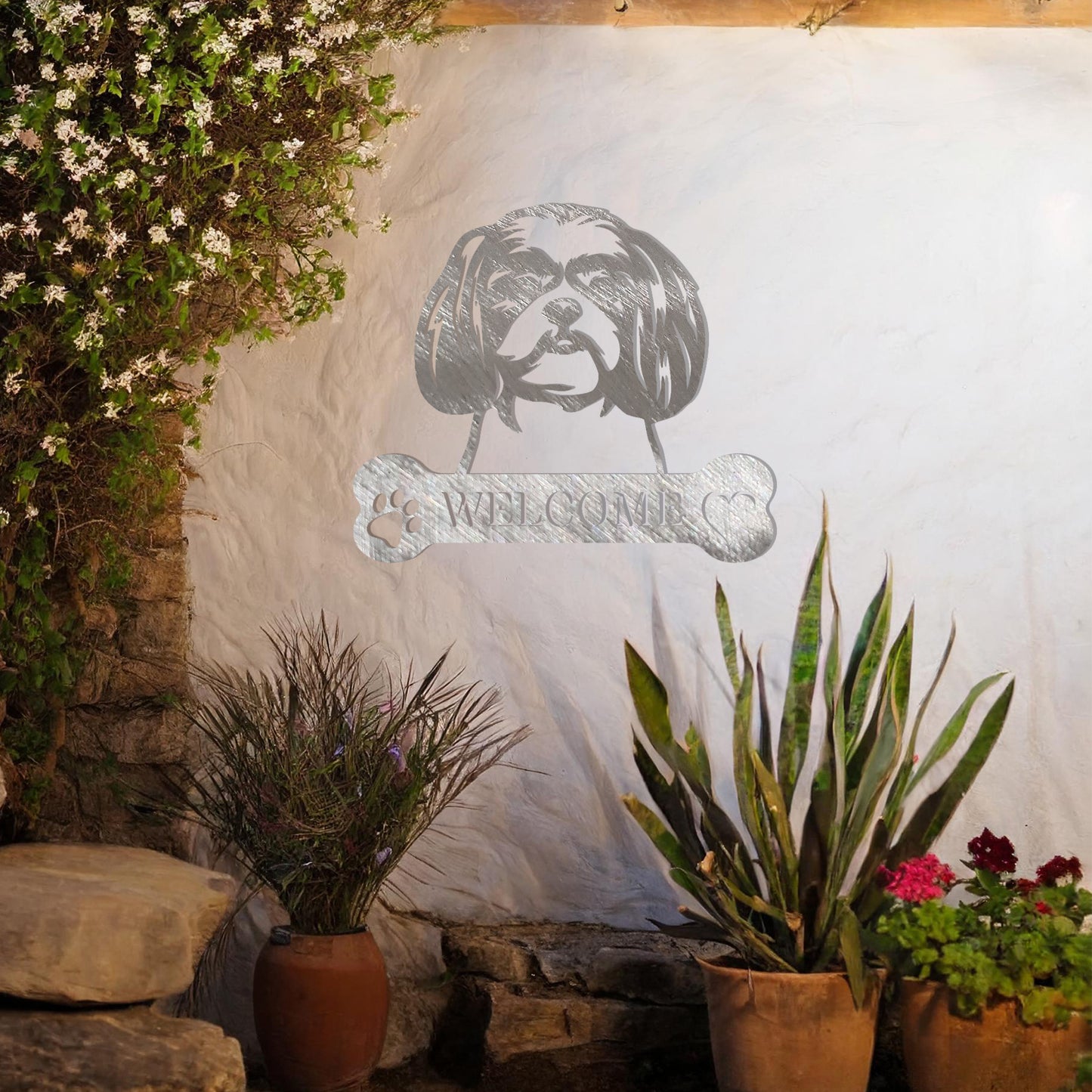 Metal Shih Tzu dog design with a bone-shaped 'WELCOME' text and paw prints, perfect for adding a charming and welcoming touch to entryways or outdoor spaces.