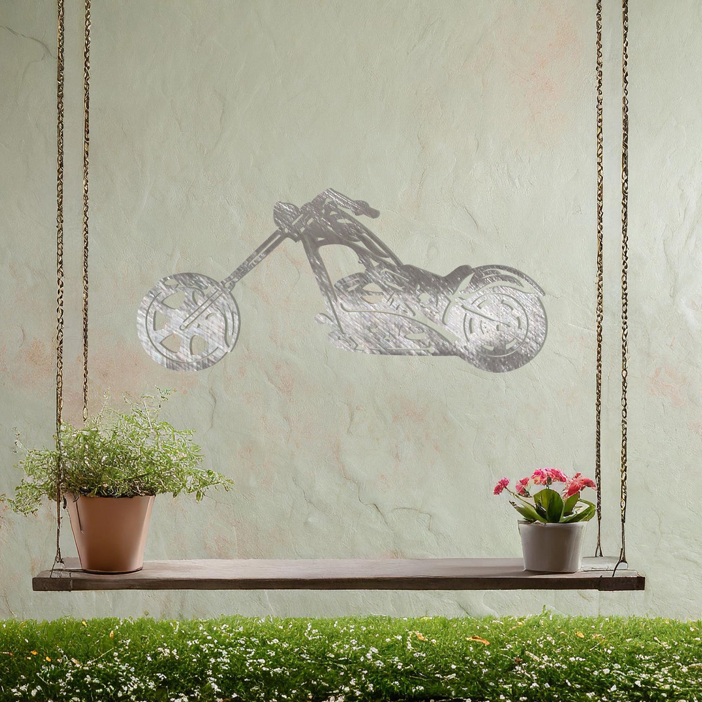 This design features a sleek and detailed silhouette of a chopper motorcycle, highlighting its distinct long handlebars and low frame. A bold and stylish piece of wall art, perfect for motorbike enthusiasts or adding a rugged vibe to any space.