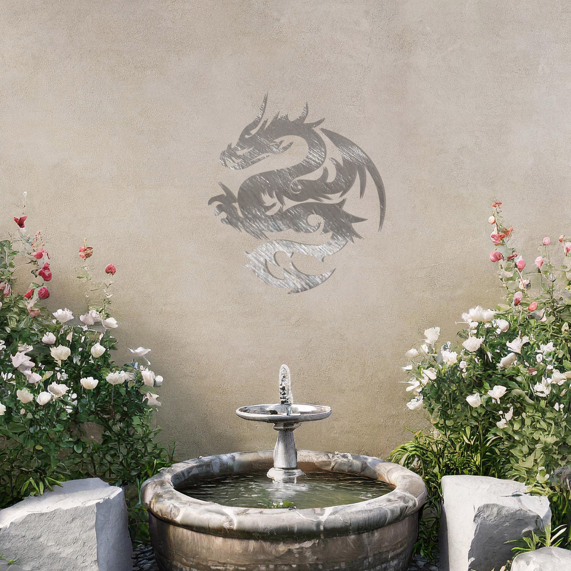 A bold metal wall art design featuring a stylised dragon in a dynamic pose, showcasing intricate curves and sharp details that capture its fierce and mythical essence.