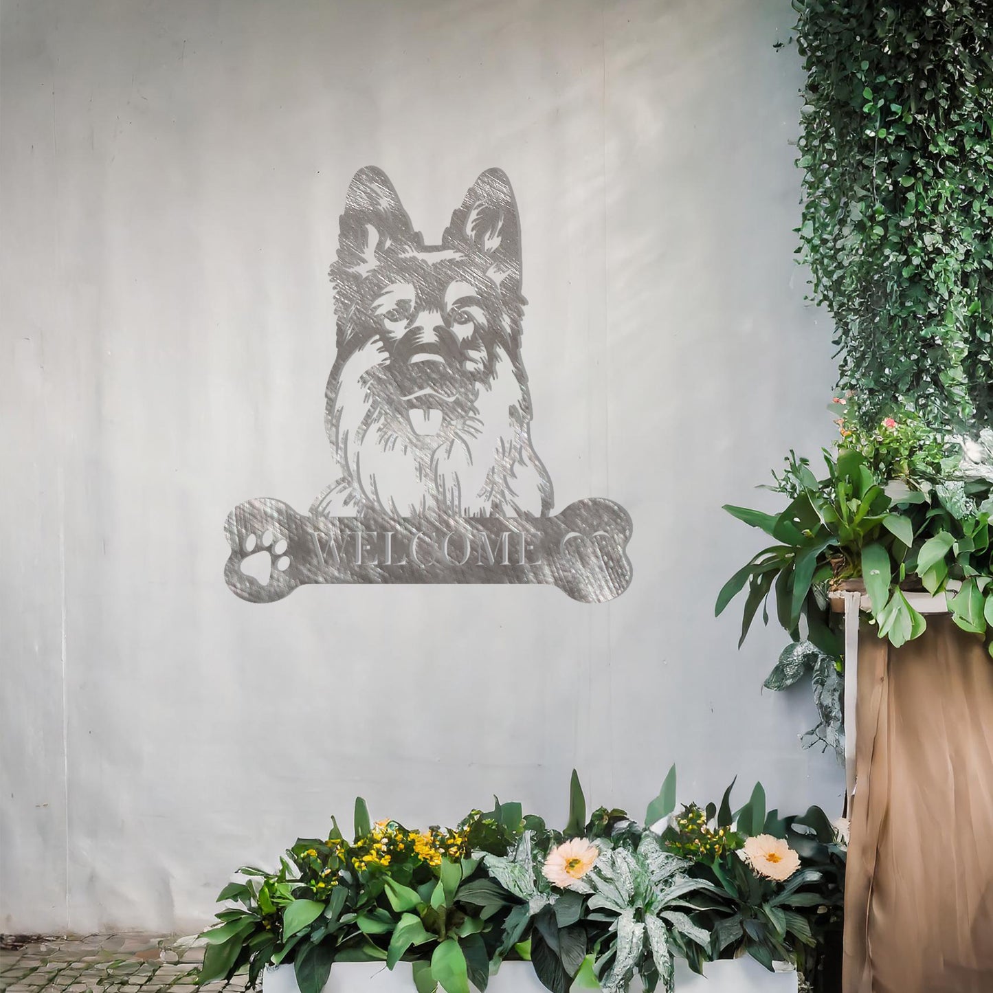 Metal German Shepherd dog design with a bone-shaped 'WELCOME' text and paw prints, perfect for adding a strong and welcoming touch to entryways or outdoor spaces.