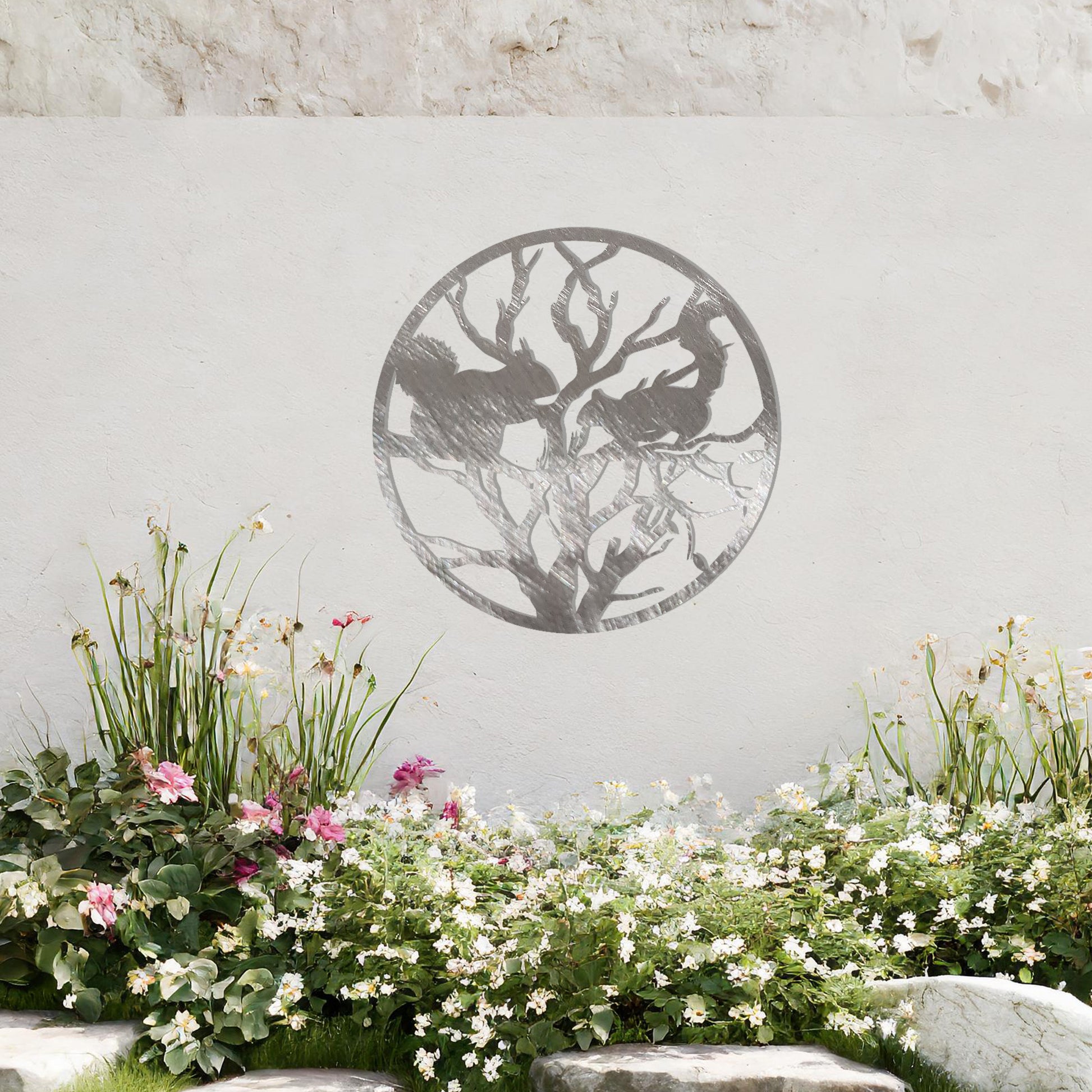 This circular design depicts a detailed silhouette of two squirrels interacting on tree branches. The intricate pattern captures the natural essence of wildlife within the tree, creating a harmonious and visually striking piece for nature enthusiasts.