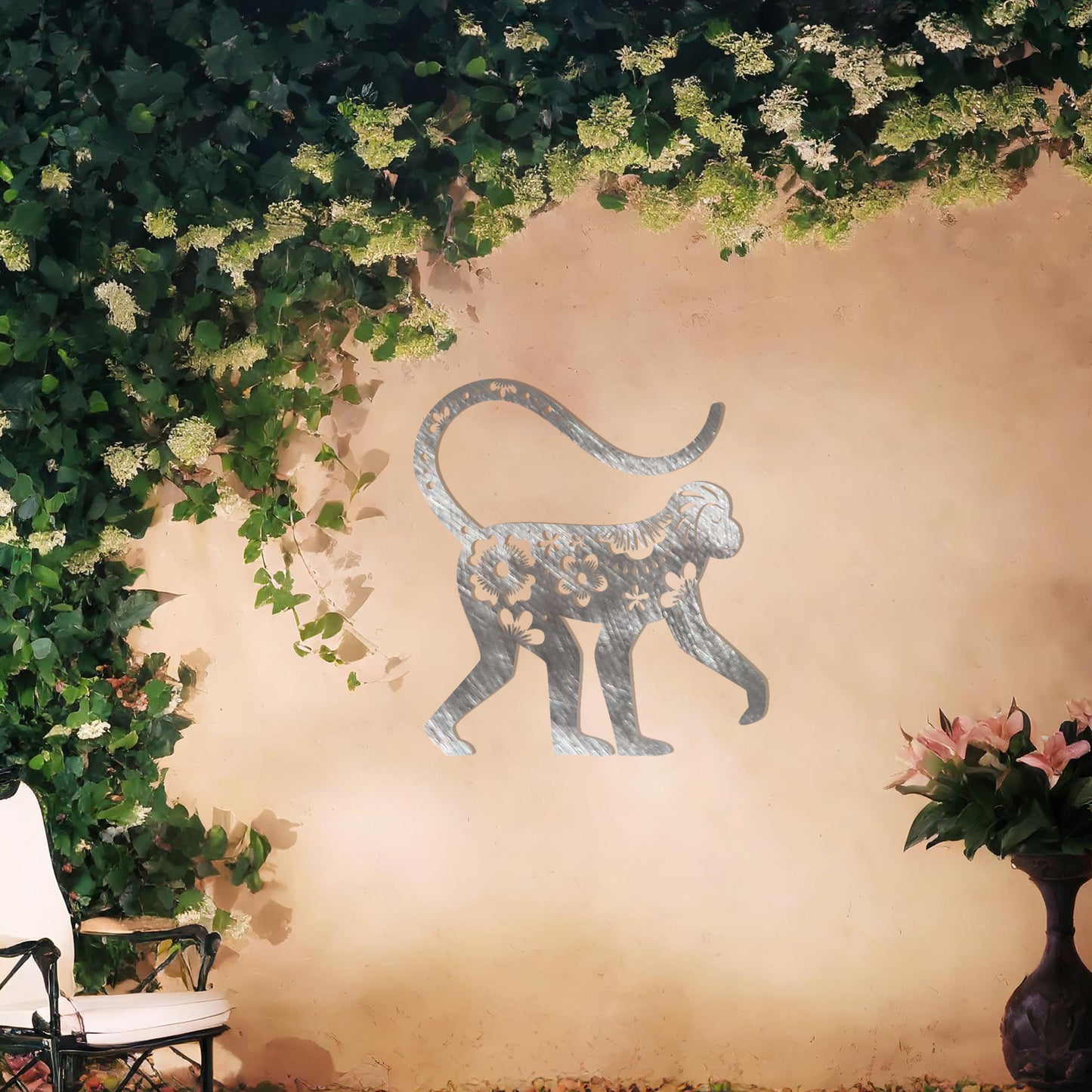 This design showcases a playful monkey adorned with floral patterns and intricate details. The artistic use of flowers and decorative elements within the silhouette gives the piece a whimsical and elegant charm, perfect for enhancing indoor or outdoor settings with a tropical or exotic theme.