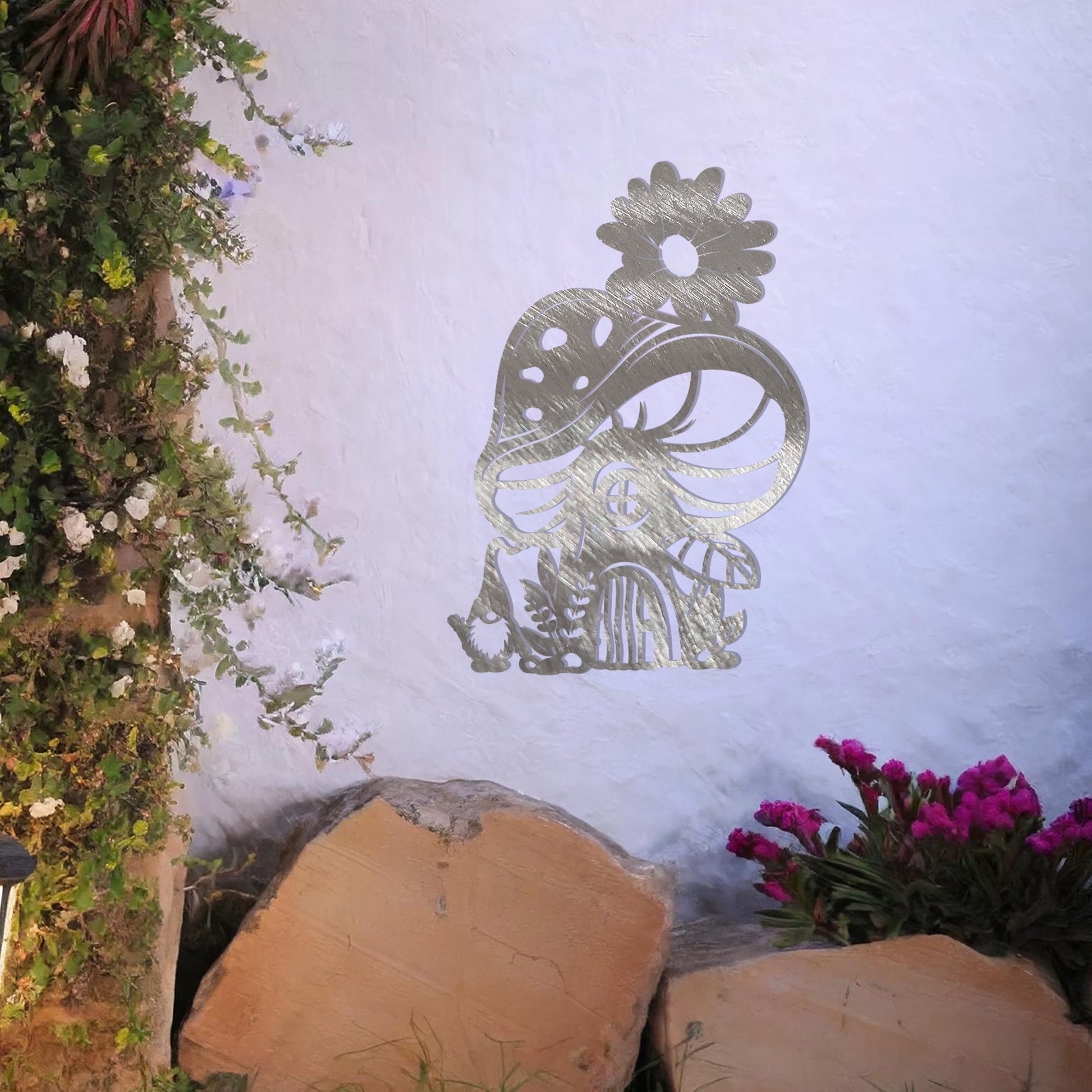 Metal garden decoration featuring a whimsical mushroom house adorned with floral and foliage details, crafted with intricate patterns, adding an enchanting and playful touch to outdoor or indoor spaces.