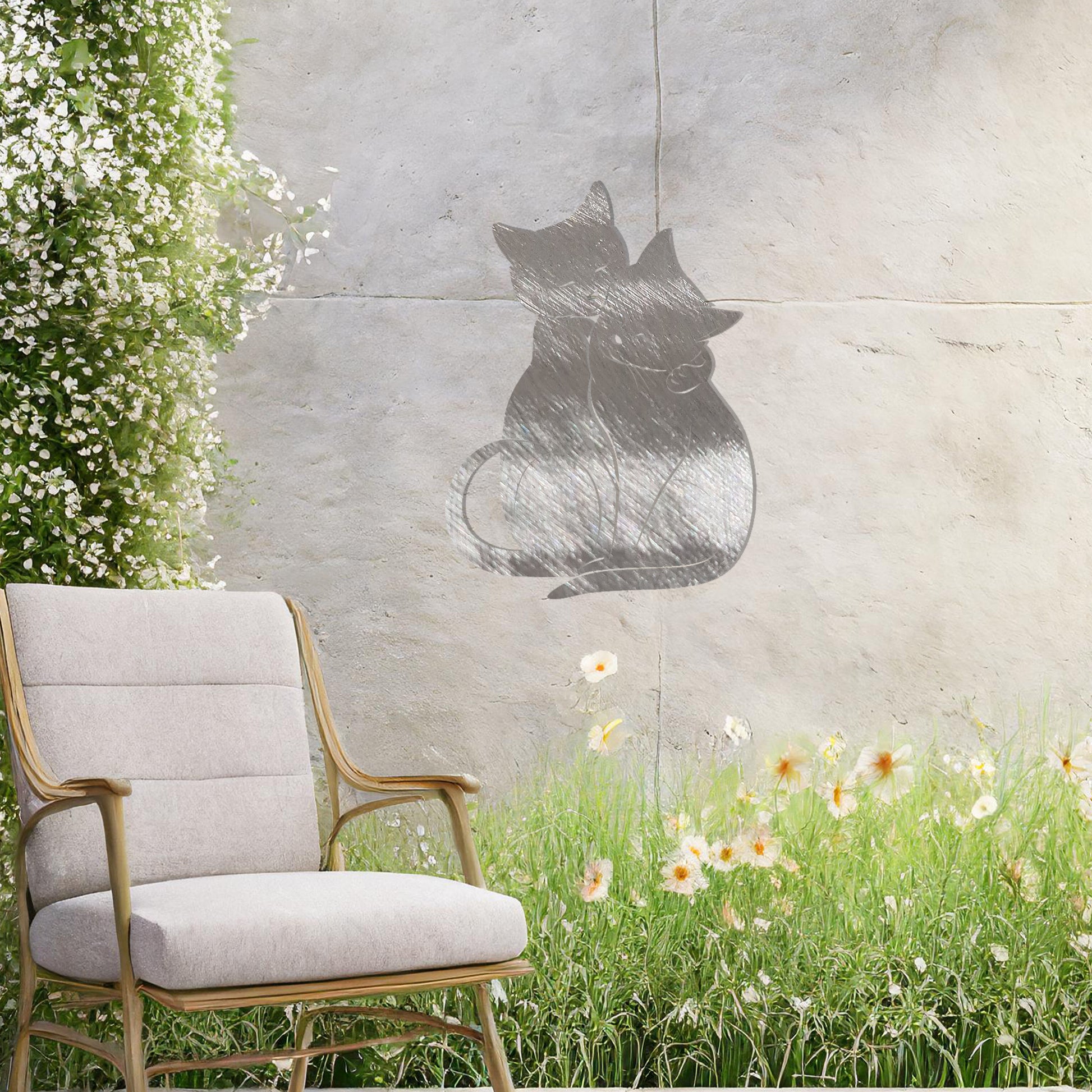 This design showcases two affectionate cats sitting closely together, creating an elegant and heartwarming silhouette. Their graceful posture and intertwined tails evoke a sense of companionship, making this piece perfect for cat lovers.