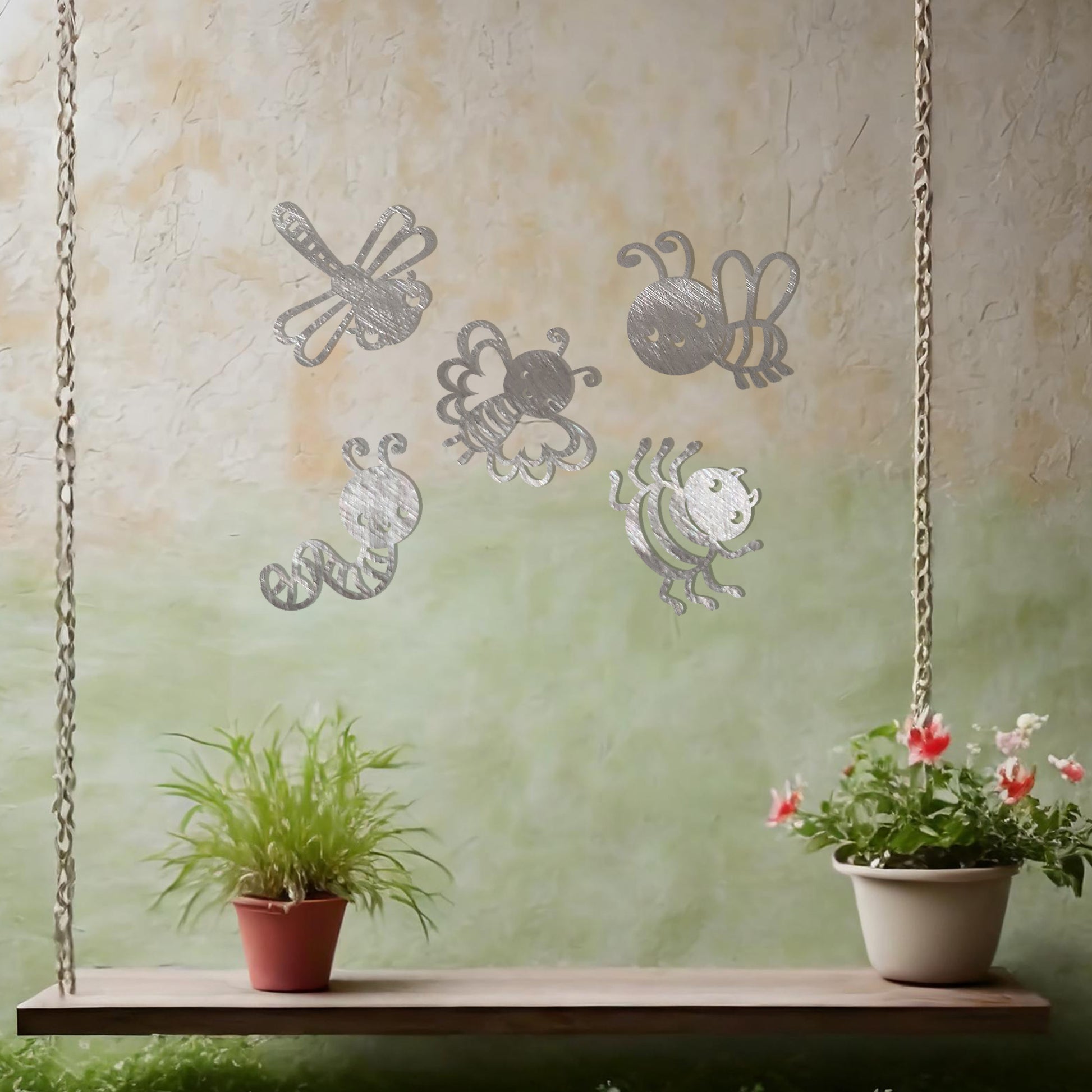 This delightful design set features a collection of cute insects, including a dragonfly, butterfly, bee, caterpillar, and spider, each crafted with whimsical details and playful expressions. Perfect for adding a cheerful, nature-inspired touch to any space.