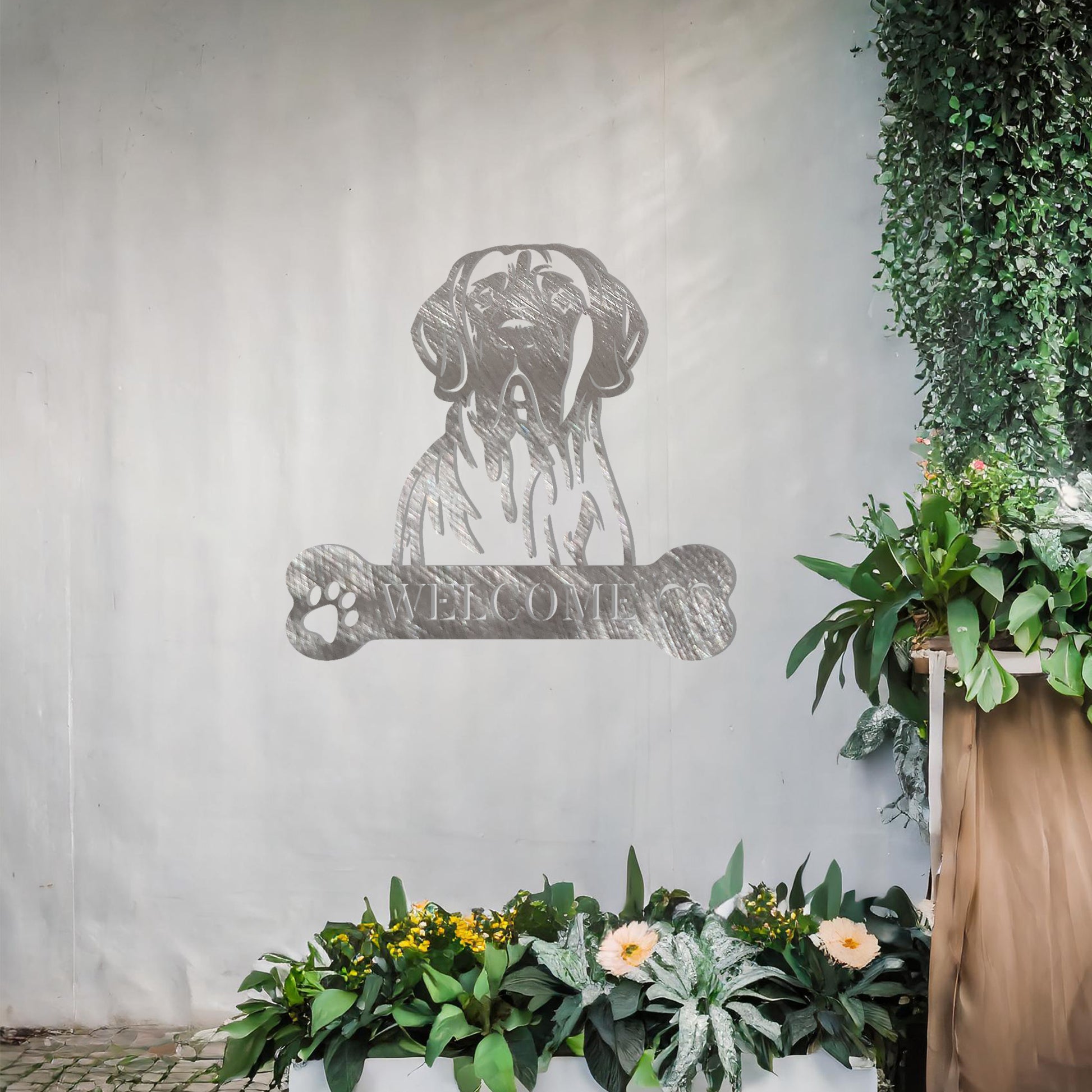 Metal Great Dane dog design with a bone-shaped 'WELCOME' text and paw prints, perfect for adding a noble and welcoming touch to entryways or outdoor spaces.