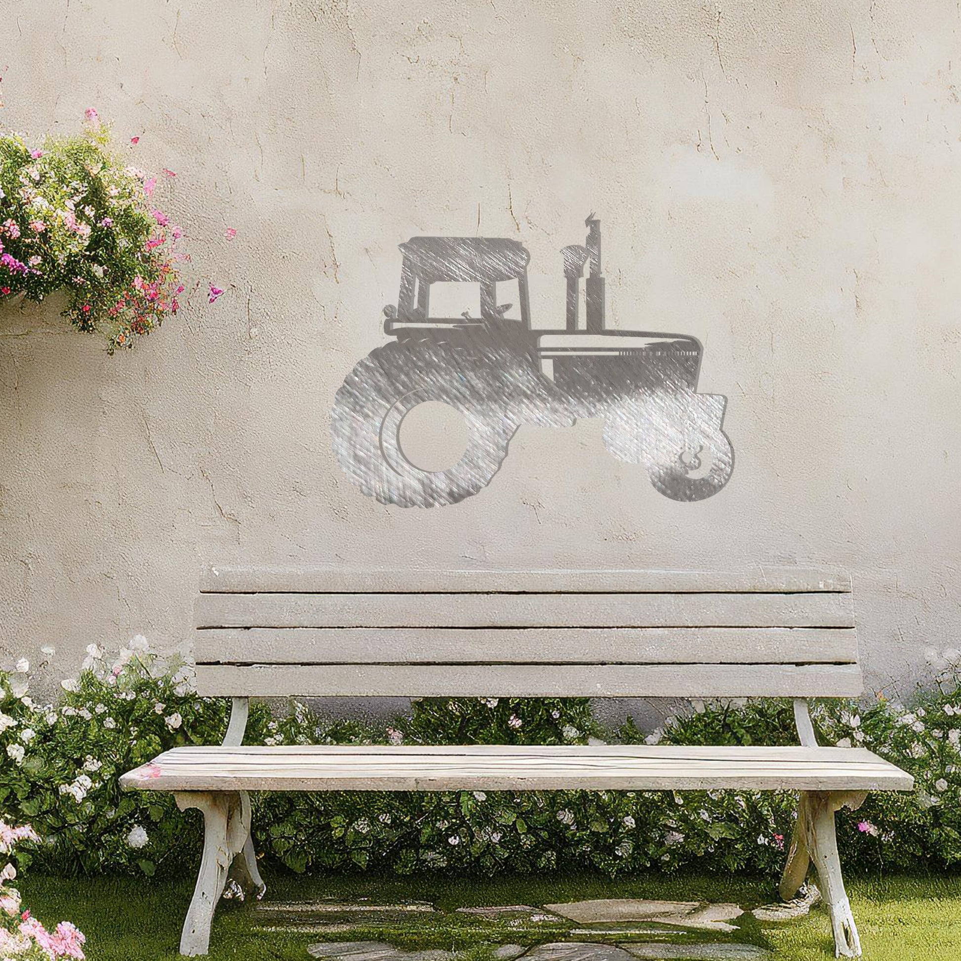 This is a silhouette-style metal wall art design featuring a classic tractor. Perfect for agriculture enthusiasts or as rustic decor for homes or gardens, it adds a touch of countryside charm to any setting.