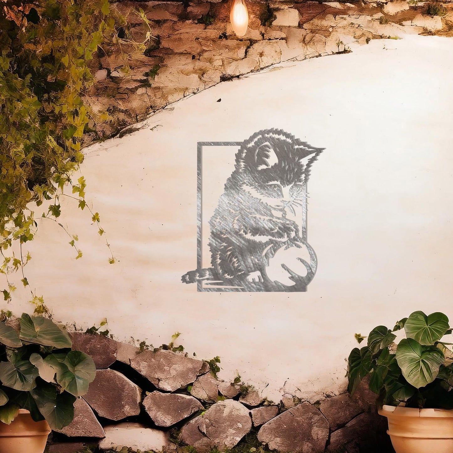 This is a cute metal wall art design featuring a playful kitten sitting and playing with a ball. The design captures the cat's natural curiosity and playful spirit, making it a perfect addition for cat lovers or for adding a touch of whimsy to a space