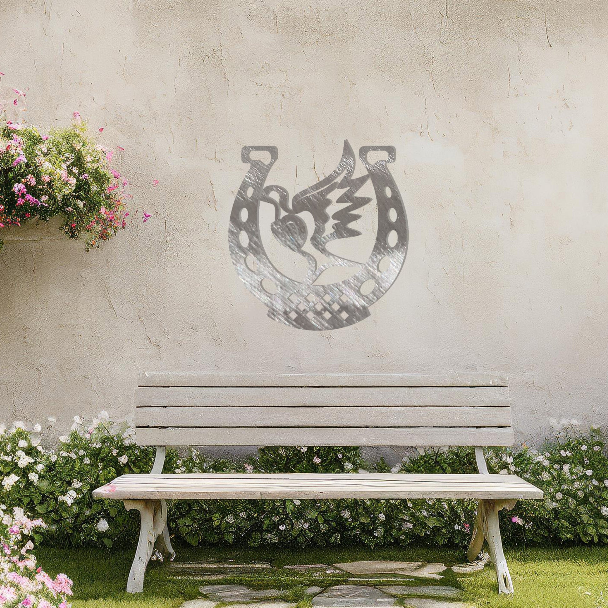 This wall art features a horseshoe design with a dove in flight carrying a heart at its center, symbolising peace and luck. A meaningful and stylish addition to any space with its intricate details and balanced composition.