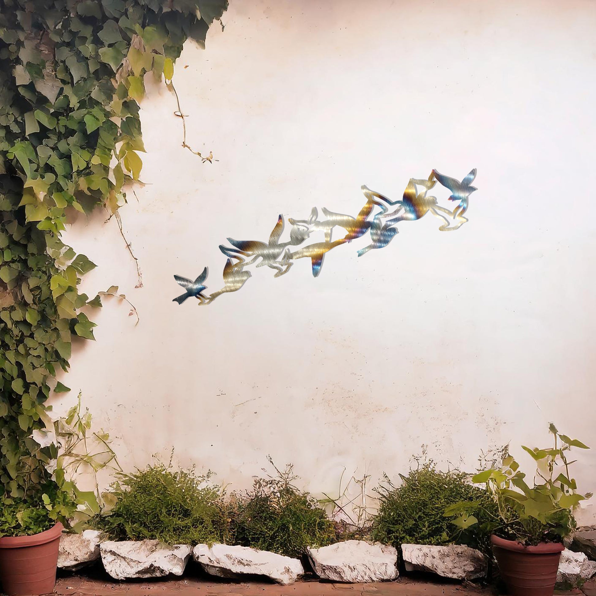 This design features a flock of birds in graceful flight, arranged dynamically to create a sense of motion and freedom. The minimalist silhouette adds an elegant touch, perfect for enhancing any wall space with a nature-inspired aesthetic.