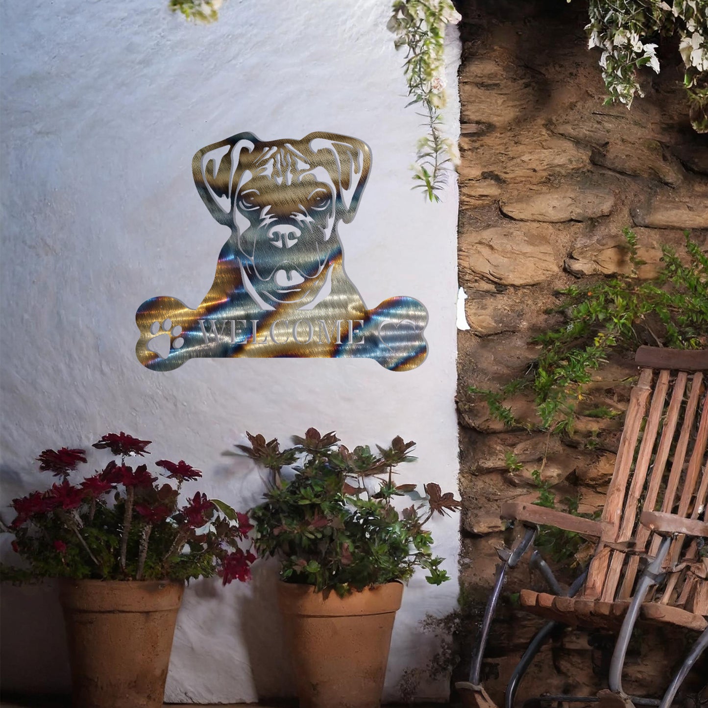 Metal Boxer dog design with a bone-shaped 'WELCOME' text and paw prints, perfect for adding a friendly and welcoming touch to entryways or outdoor spaces.