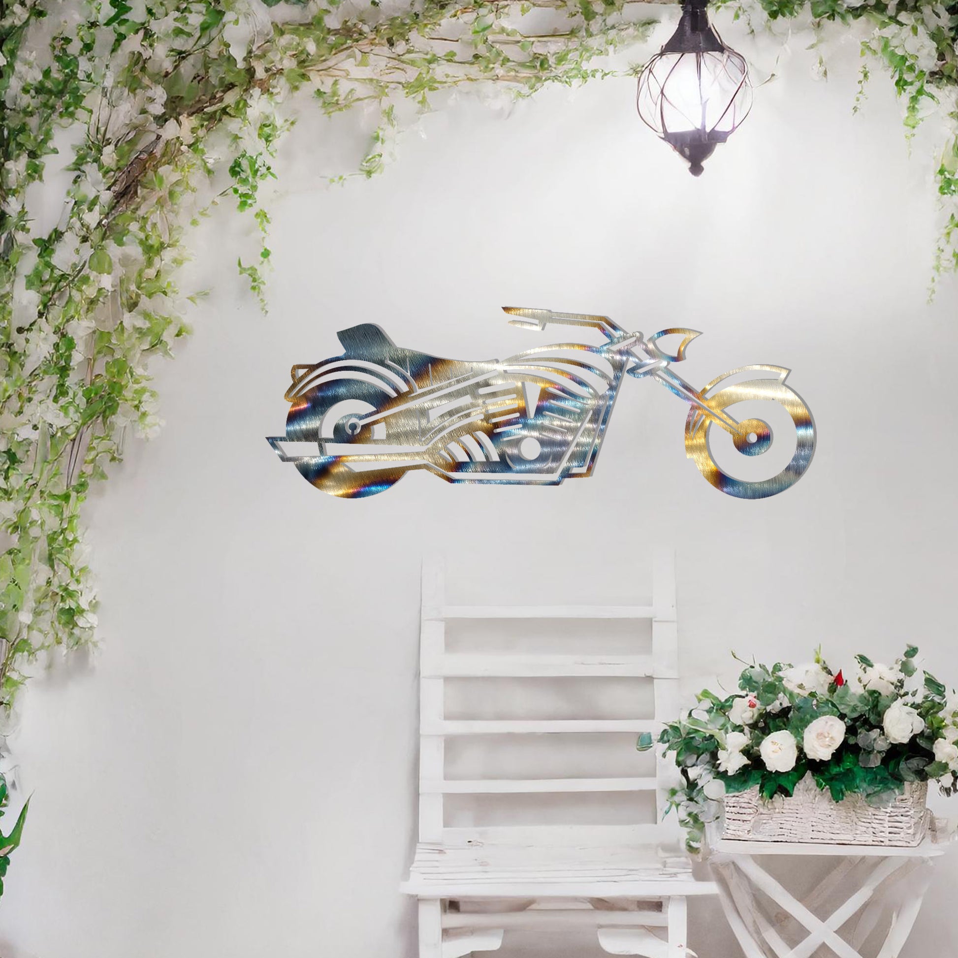 This design features a detailed motorcycle silhouette with sleek curves and dynamic lines, capturing the essence of freedom and adventure. A bold and striking wall art piece for motorbike enthusiasts.